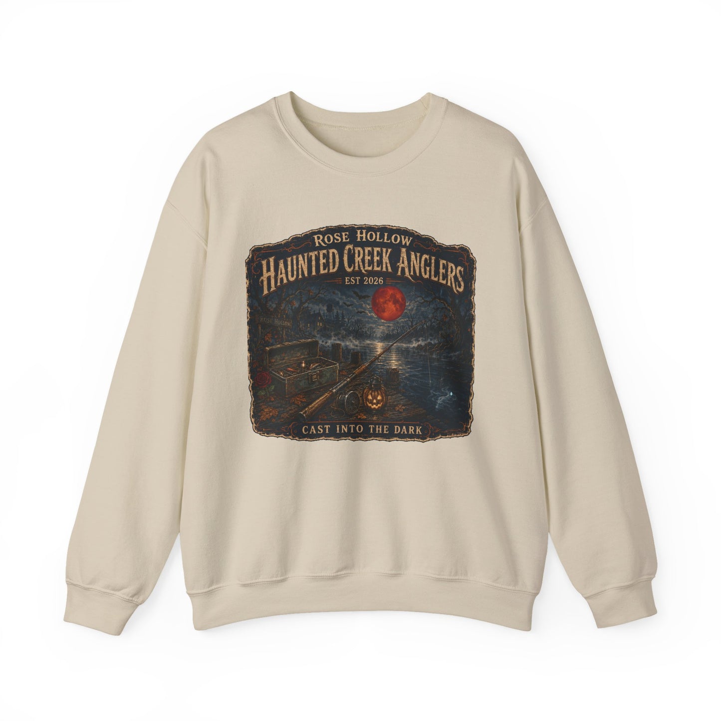 Haunted Creek Anglers cast into the dark Crewneck | Fishing Moonlit Lake Sweatshirt