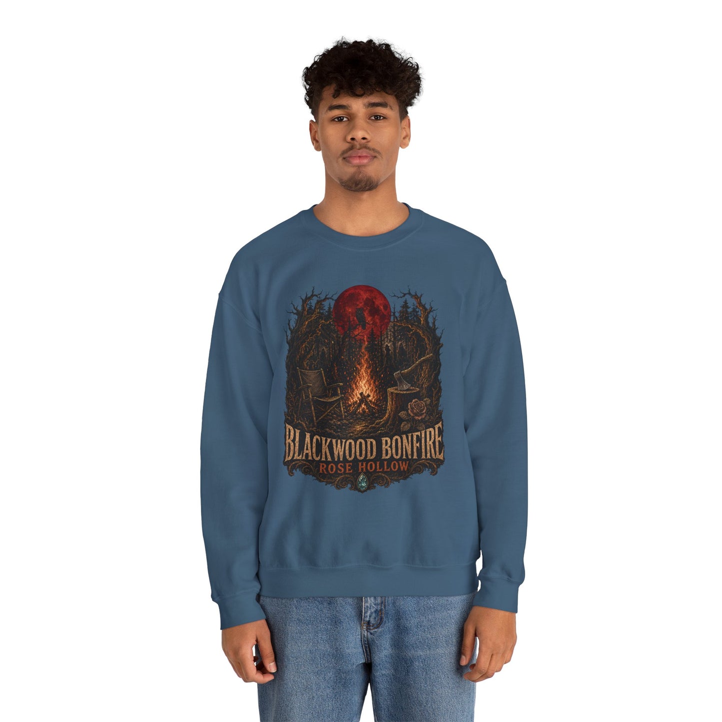 Blackwood Bonfire campfire crewneck | Rosie Hollow spooky moon sweatshirt