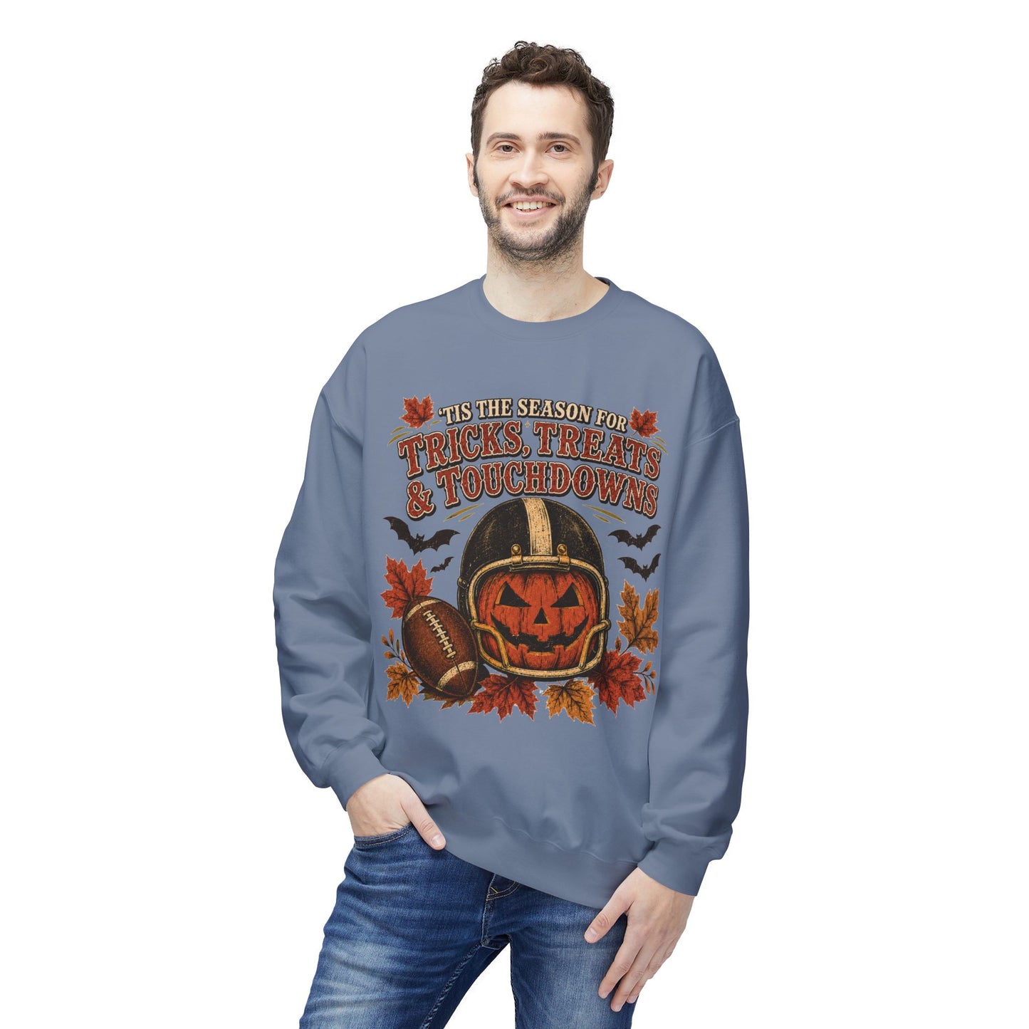 Halloween Football Sweatshirt - 'Tis the Season for Tricks, Treats & Touchdowns Crewneck
