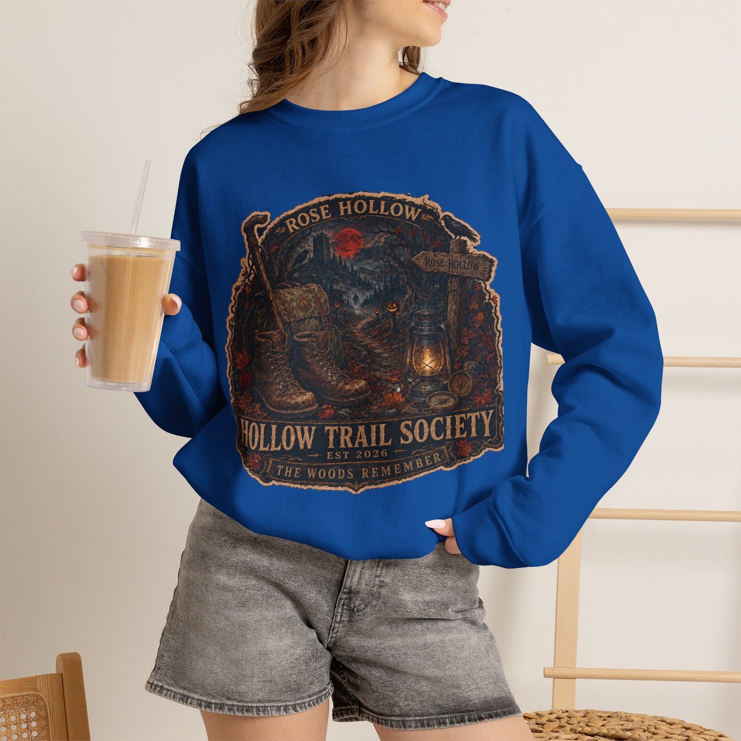 Hollow Trail Society crewneck sweatshirt | Rose Hollow lantern, wolf, moon