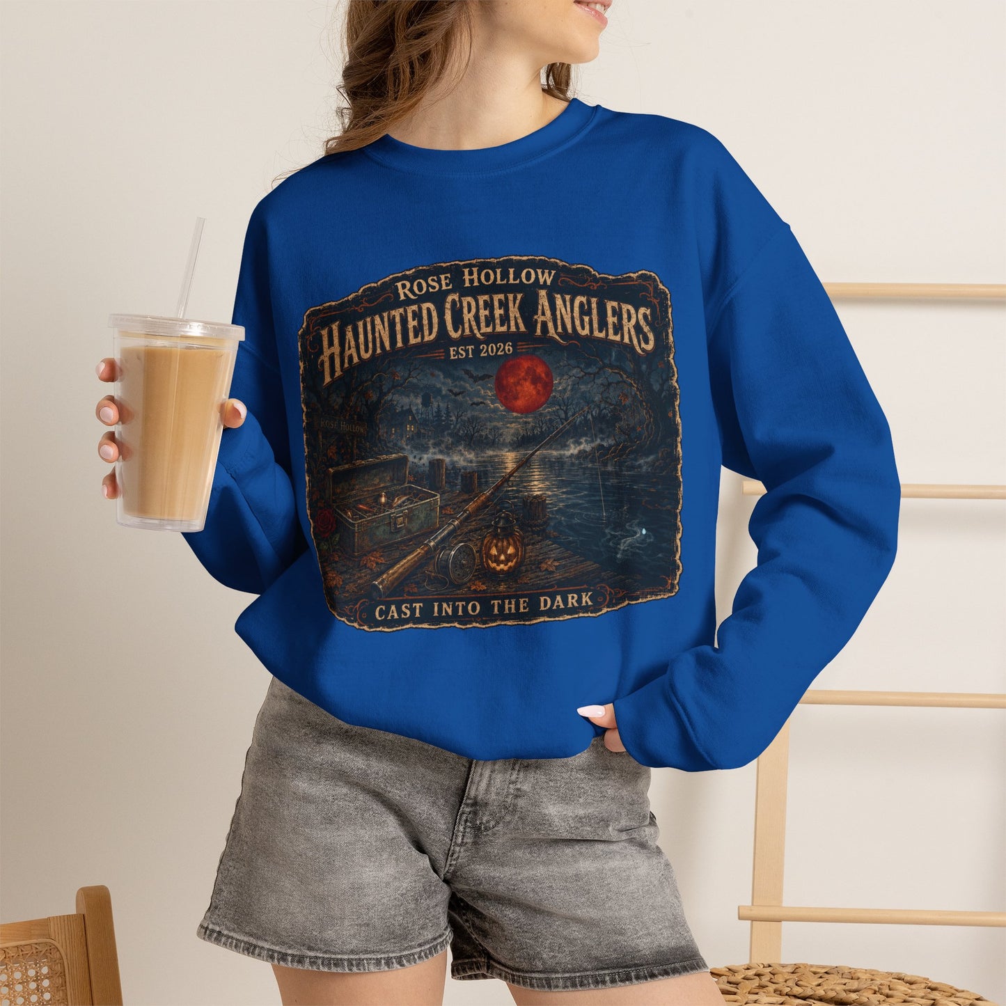 Haunted Creek Anglers cast into the dark Crewneck | Fishing Moonlit Lake Sweatshirt
