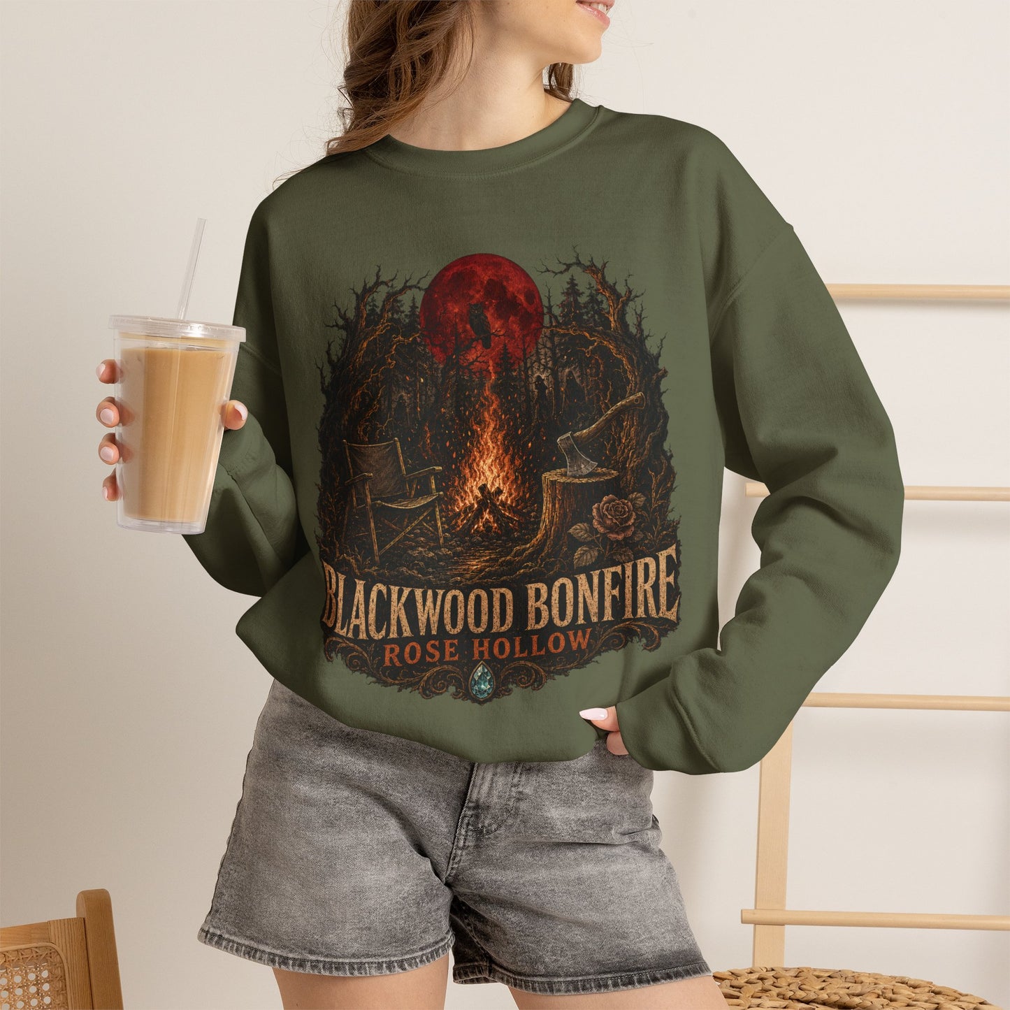 Blackwood Bonfire campfire crewneck | Rosie Hollow spooky moon sweatshirt