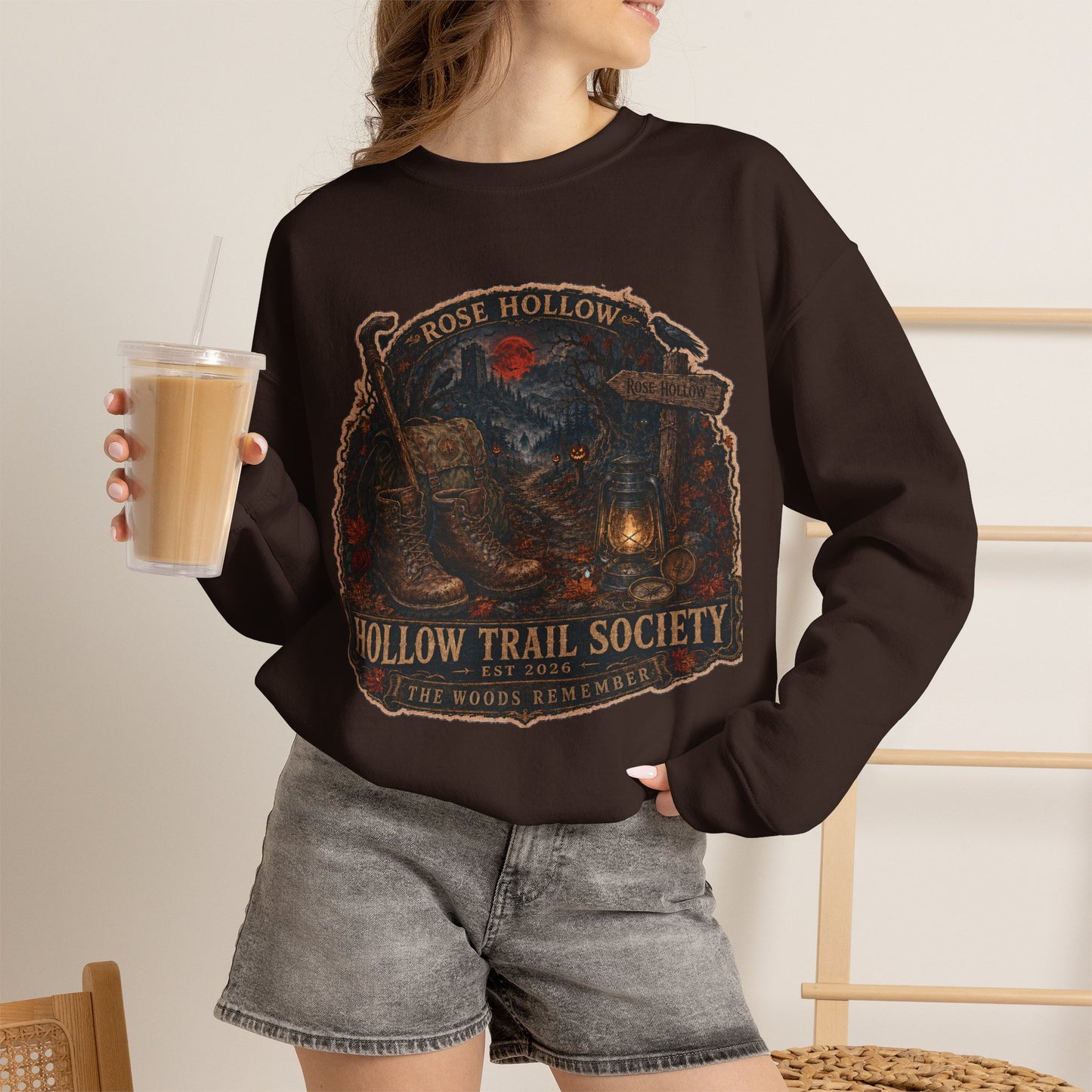 Hollow Trail Society crewneck sweatshirt | Rose Hollow lantern, wolf, moon
