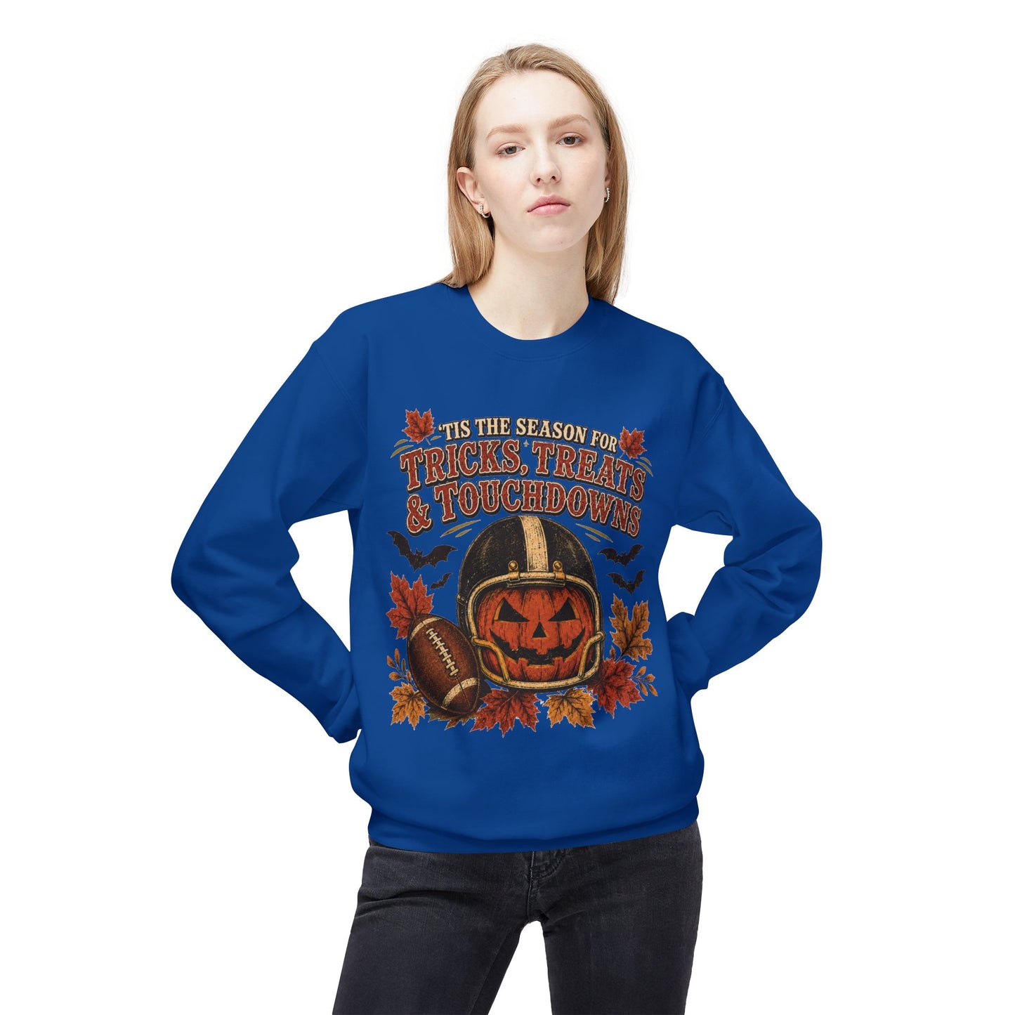 Halloween Football Sweatshirt - 'Tis the Season for Tricks, Treats & Touchdowns Crewneck