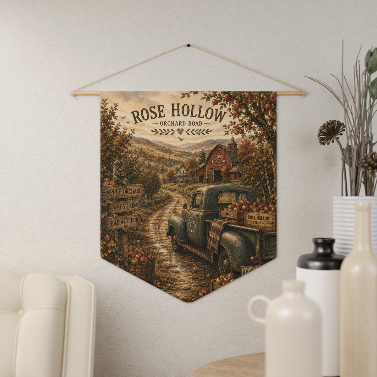Rose Hollow Orchard Road Vintage Farmhouse Pennant Wall Banner