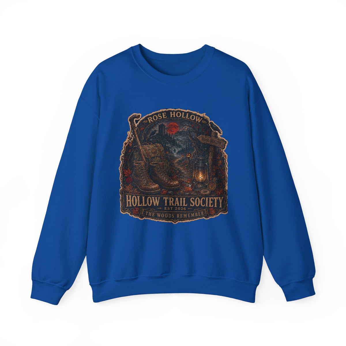 Hollow Trail Society crewneck sweatshirt | Rose Hollow lantern, wolf, moon