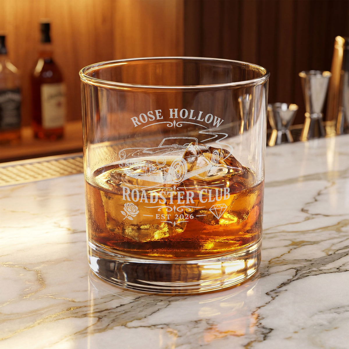 Engraved Roadster Club Whiskey Glass — 10.5 oz Classic Rocks Glass