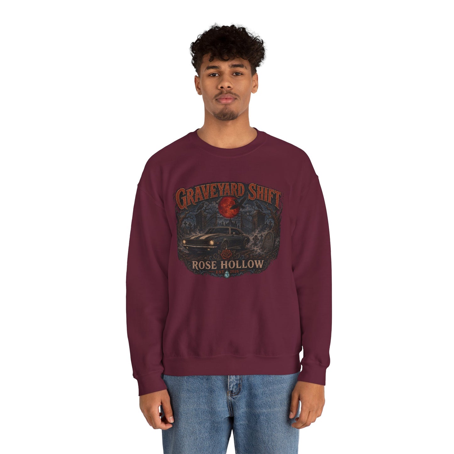 Graveyard Shift Rose Hollow Crewneck Sweatshirt | Haunted Night Graphic