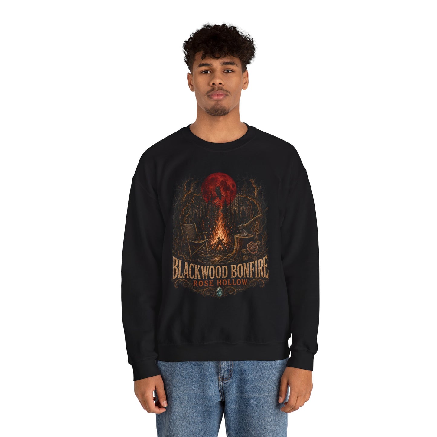 Blackwood Bonfire campfire crewneck | Rosie Hollow spooky moon sweatshirt