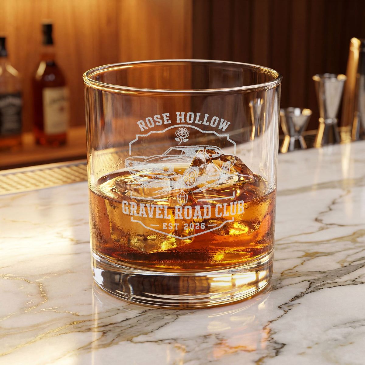 Engraved Whiskey Glass 10.5oz — Rose Hollow Gravel Road Club Car Logo
