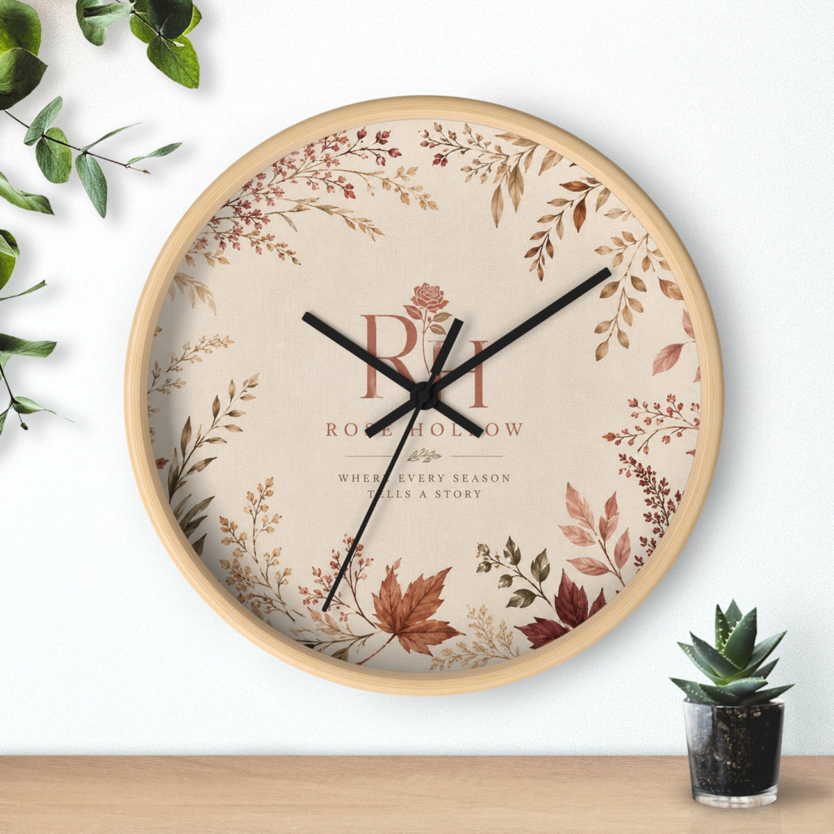 Autumn Botanical Wall Clock — Rustic Floral Timepiece