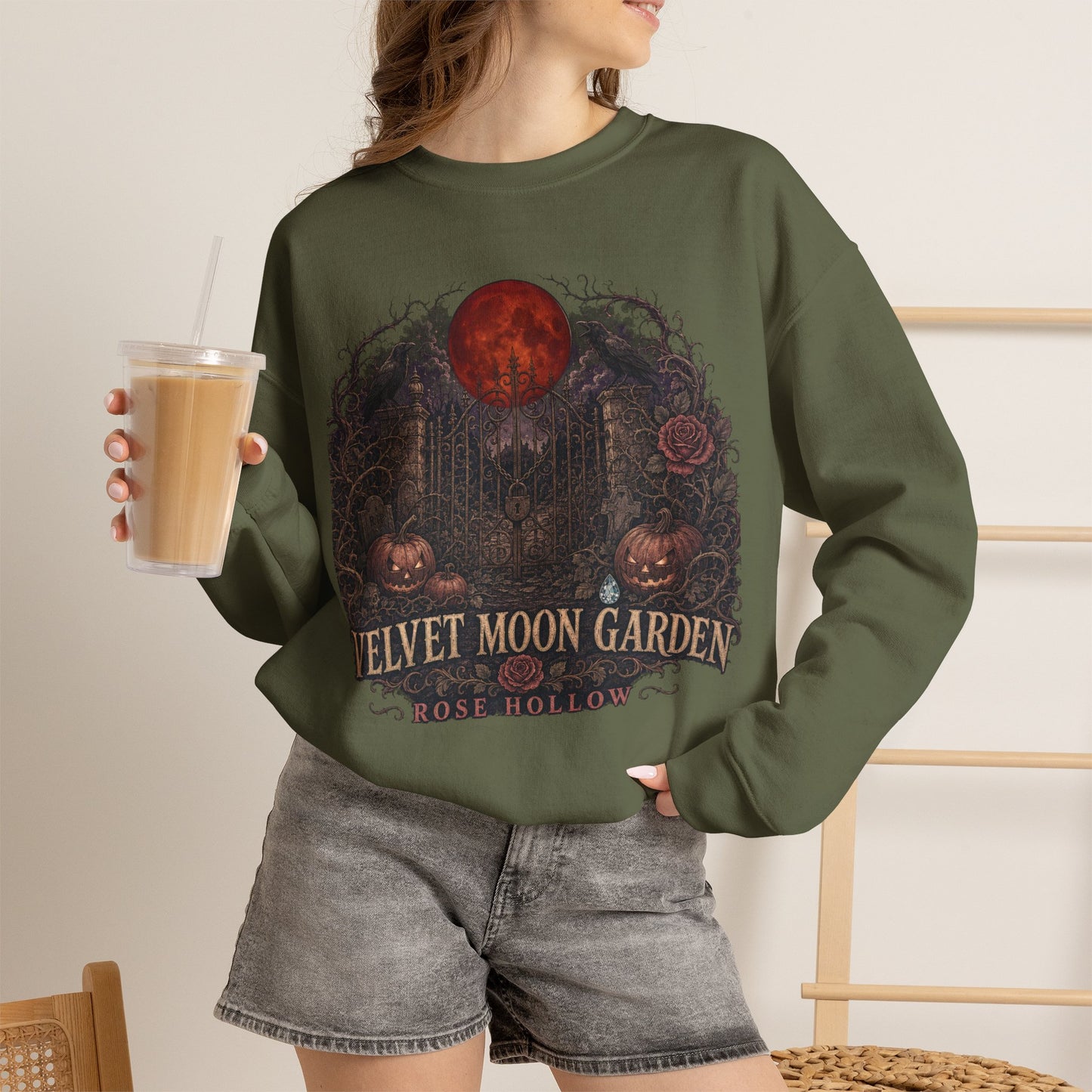 Velvet Moon Garden Crewneck Sweatshirt | Gothic Pumpkin Moon