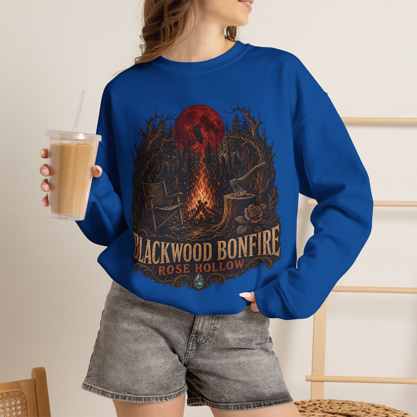 Blackwood Bonfire campfire crewneck | Rosie Hollow spooky moon sweatshirt