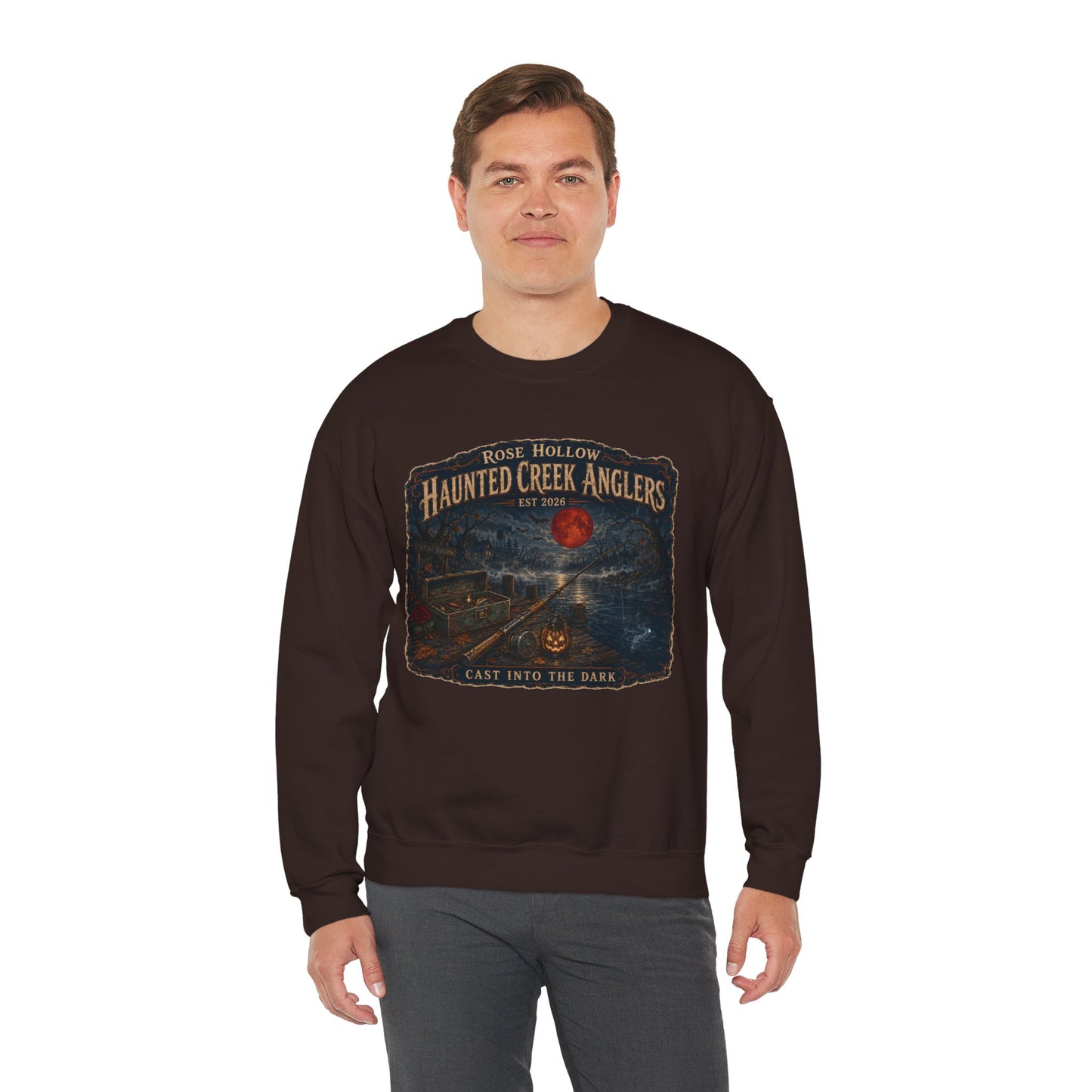 Haunted Creek Anglers cast into the dark Crewneck | Fishing Moonlit Lake Sweatshirt