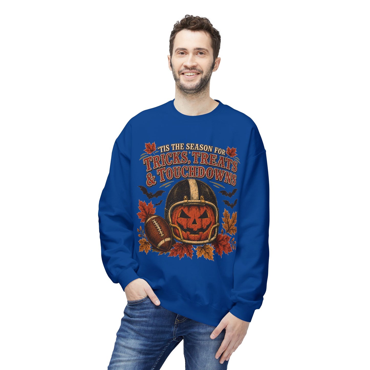 Halloween Football Sweatshirt - 'Tis the Season for Tricks, Treats & Touchdowns Crewneck
