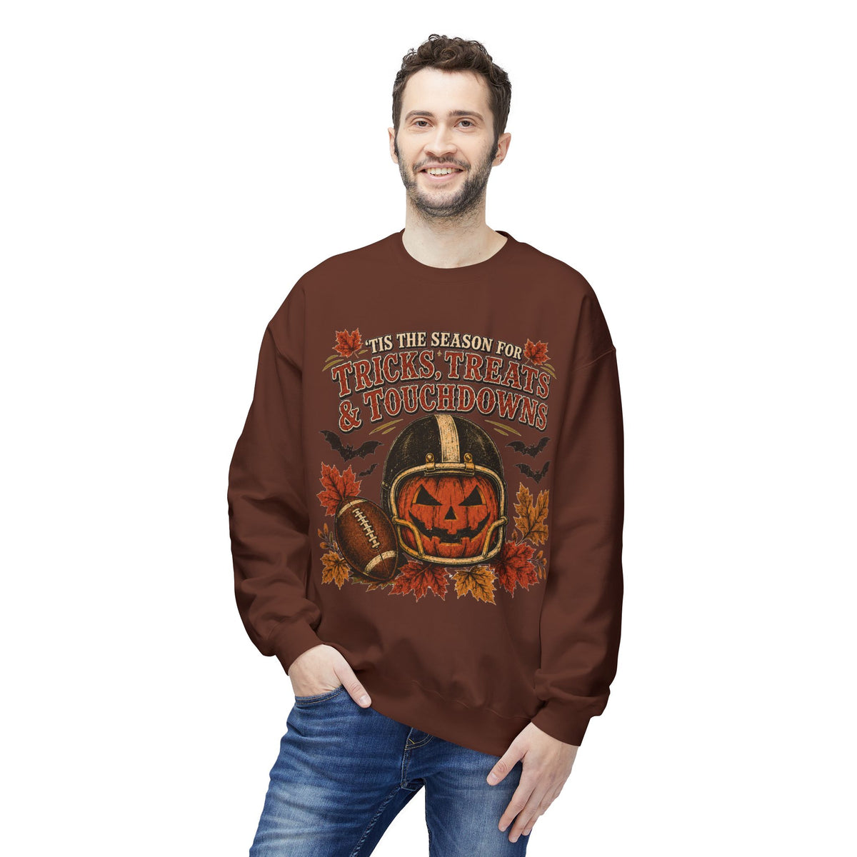 Halloween Football Sweatshirt - 'Tis the Season for Tricks, Treats & Touchdowns Crewneck