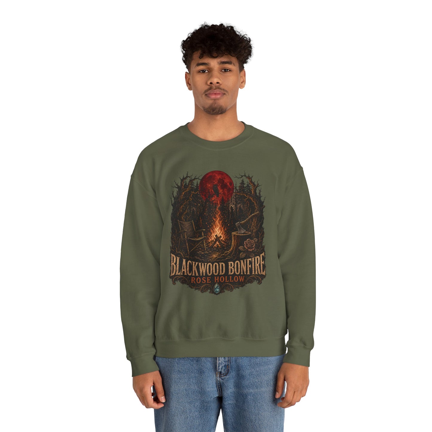 Blackwood Bonfire campfire crewneck | Rosie Hollow spooky moon sweatshirt