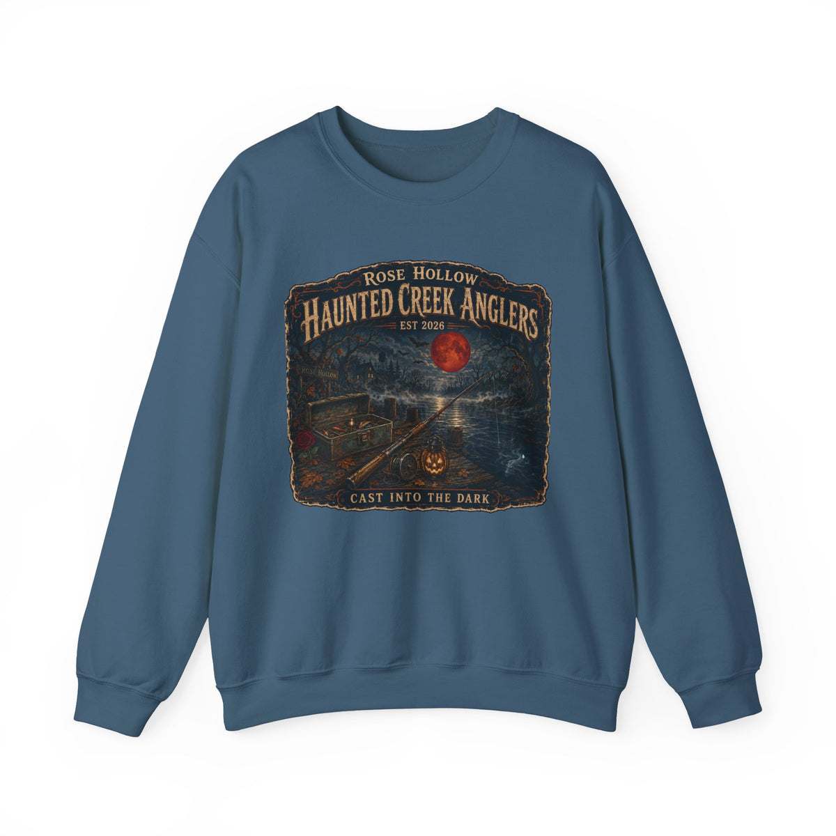 Haunted Creek Anglers cast into the dark Crewneck | Fishing Moonlit Lake Sweatshirt