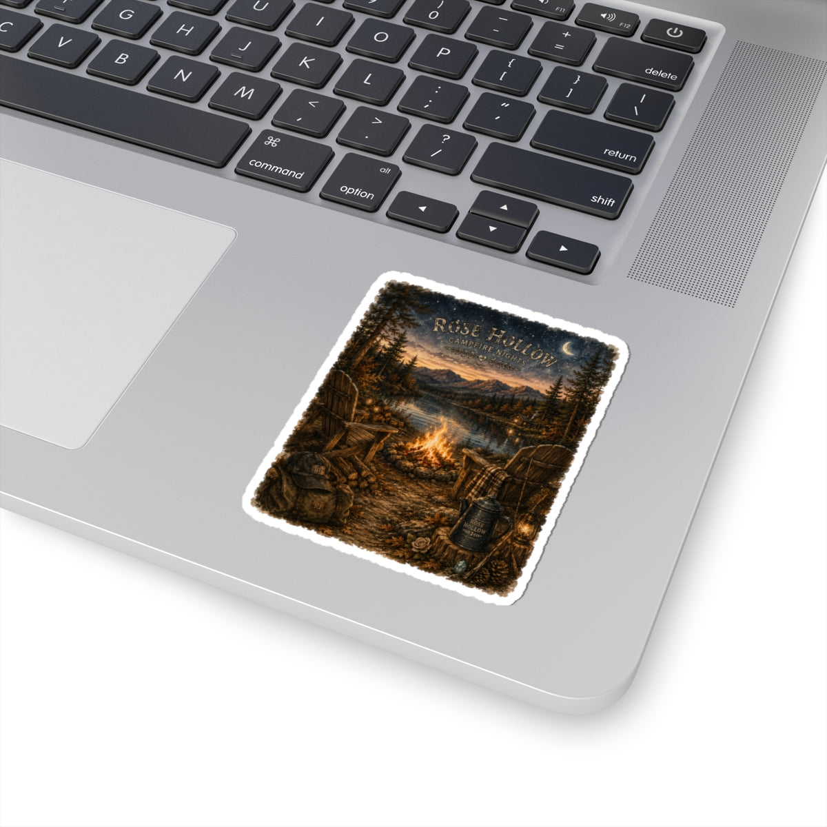 Rustic 'Rose Hollow Campfire Nights' Kiss-Cut Sticker — Lakeside Camping Vibe