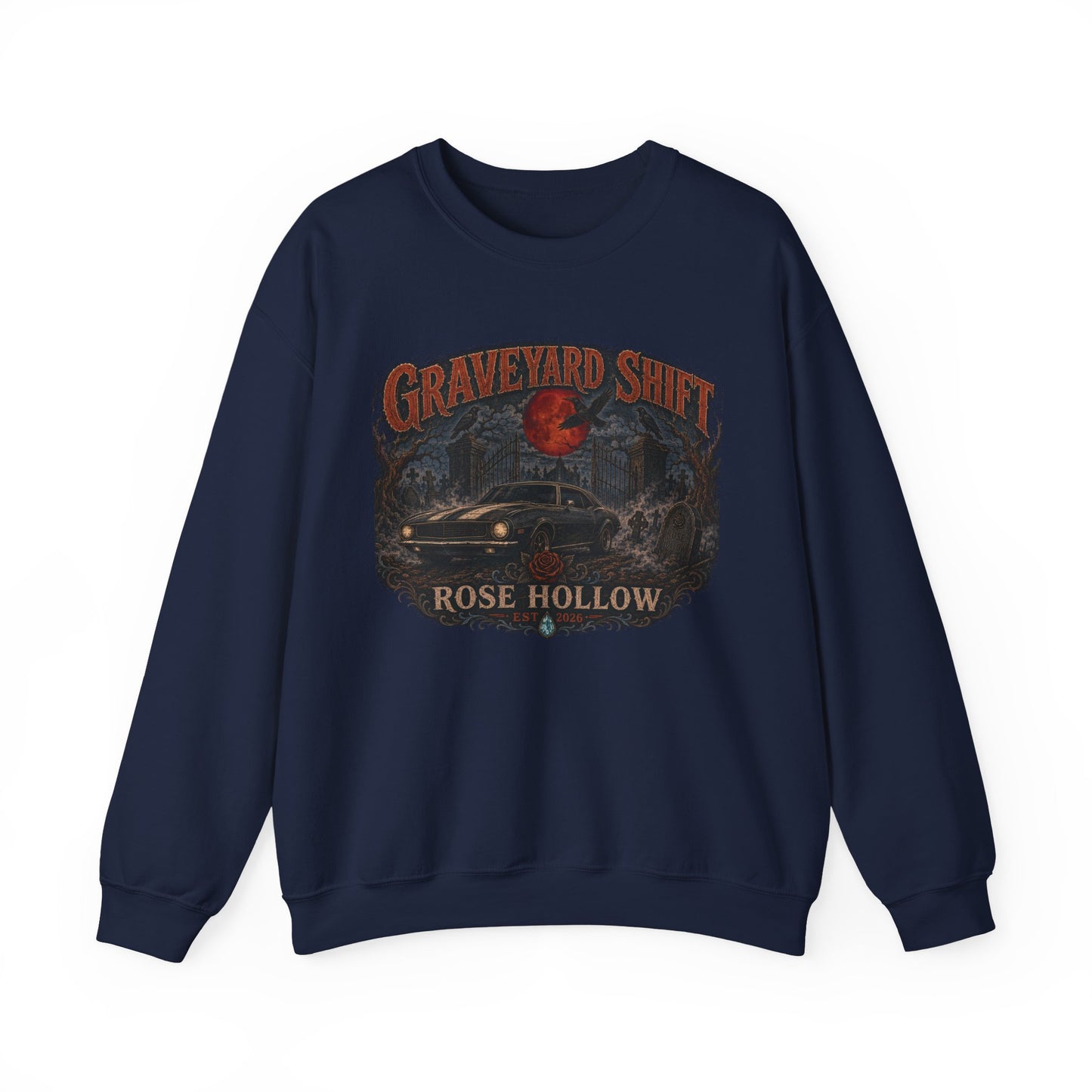 Graveyard Shift Rose Hollow Crewneck Sweatshirt | Haunted Night Graphic