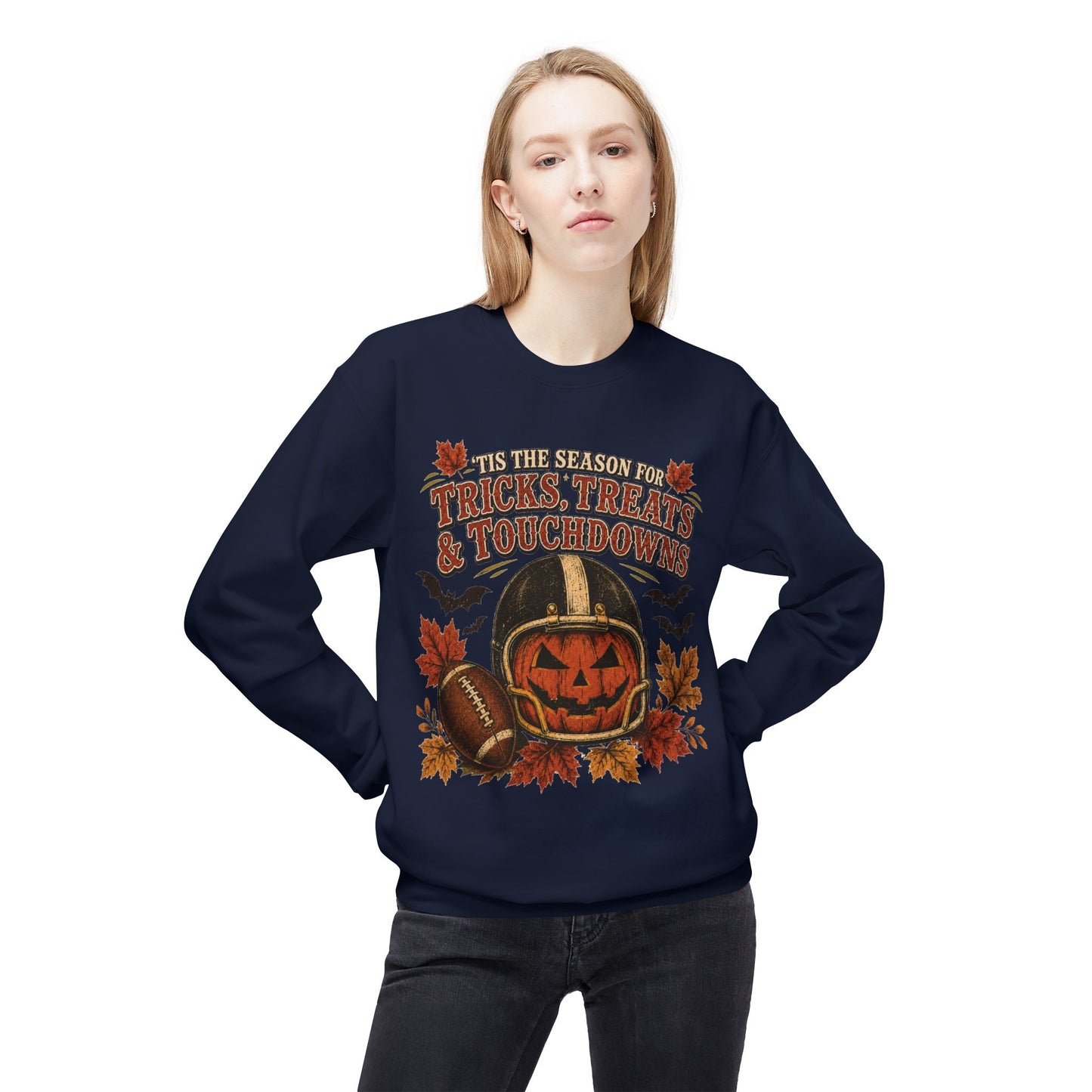 Halloween Football Sweatshirt - 'Tis the Season for Tricks, Treats & Touchdowns Crewneck