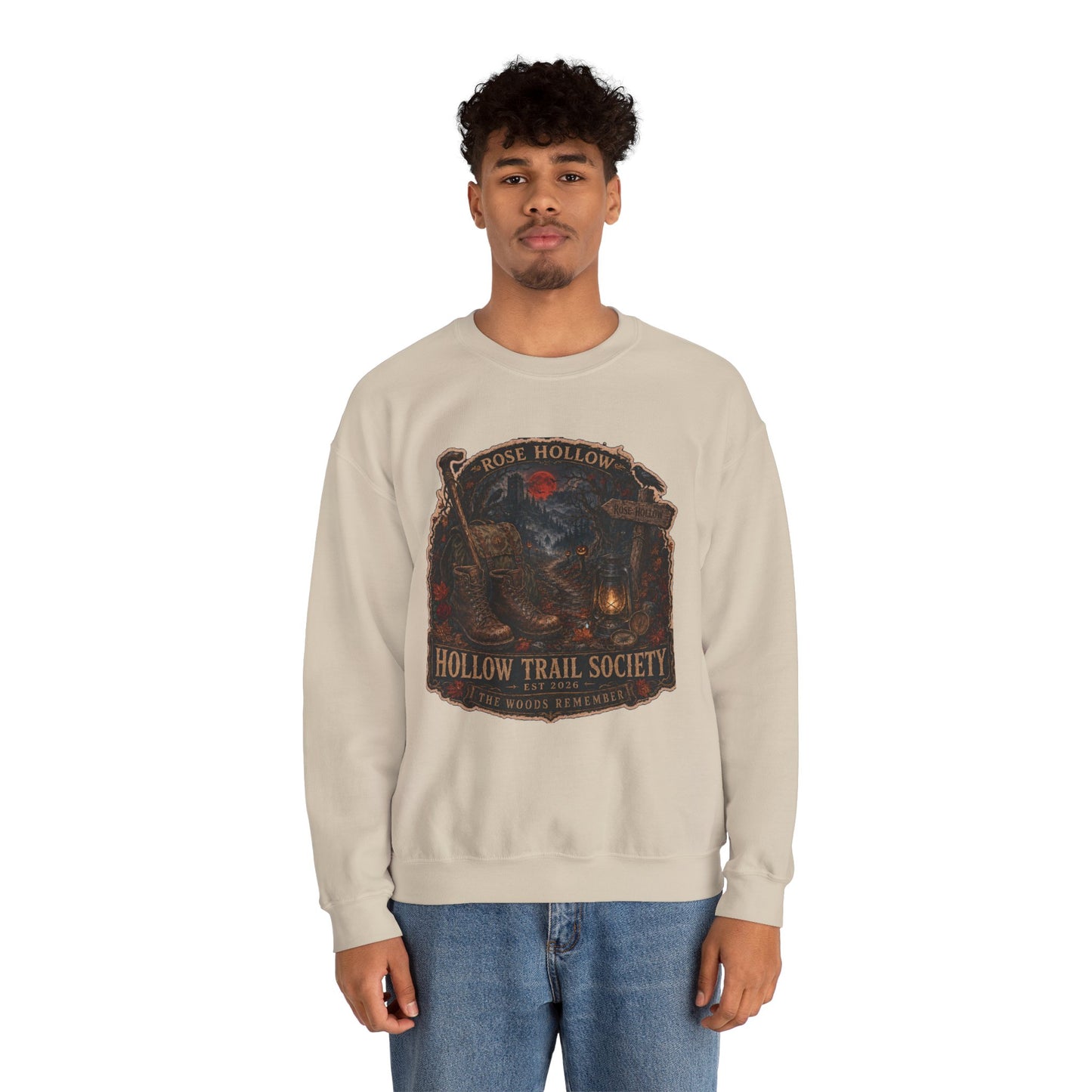 Hollow Trail Society crewneck sweatshirt | Rose Hollow lantern, wolf, moon