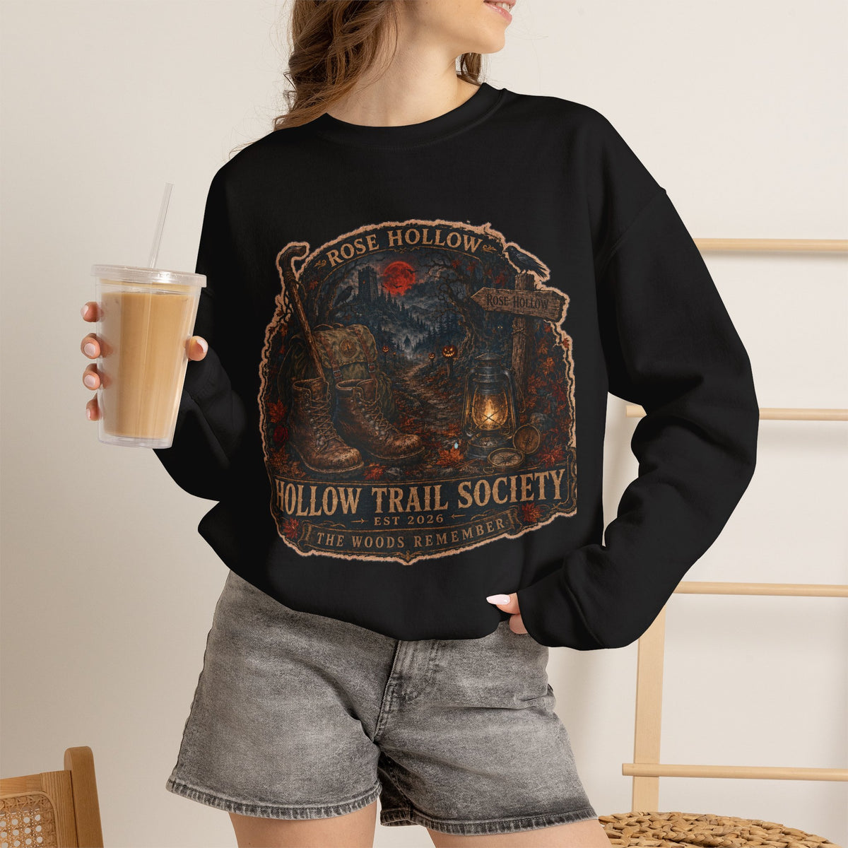 Hollow Trail Society crewneck sweatshirt | Rose Hollow lantern, wolf, moon