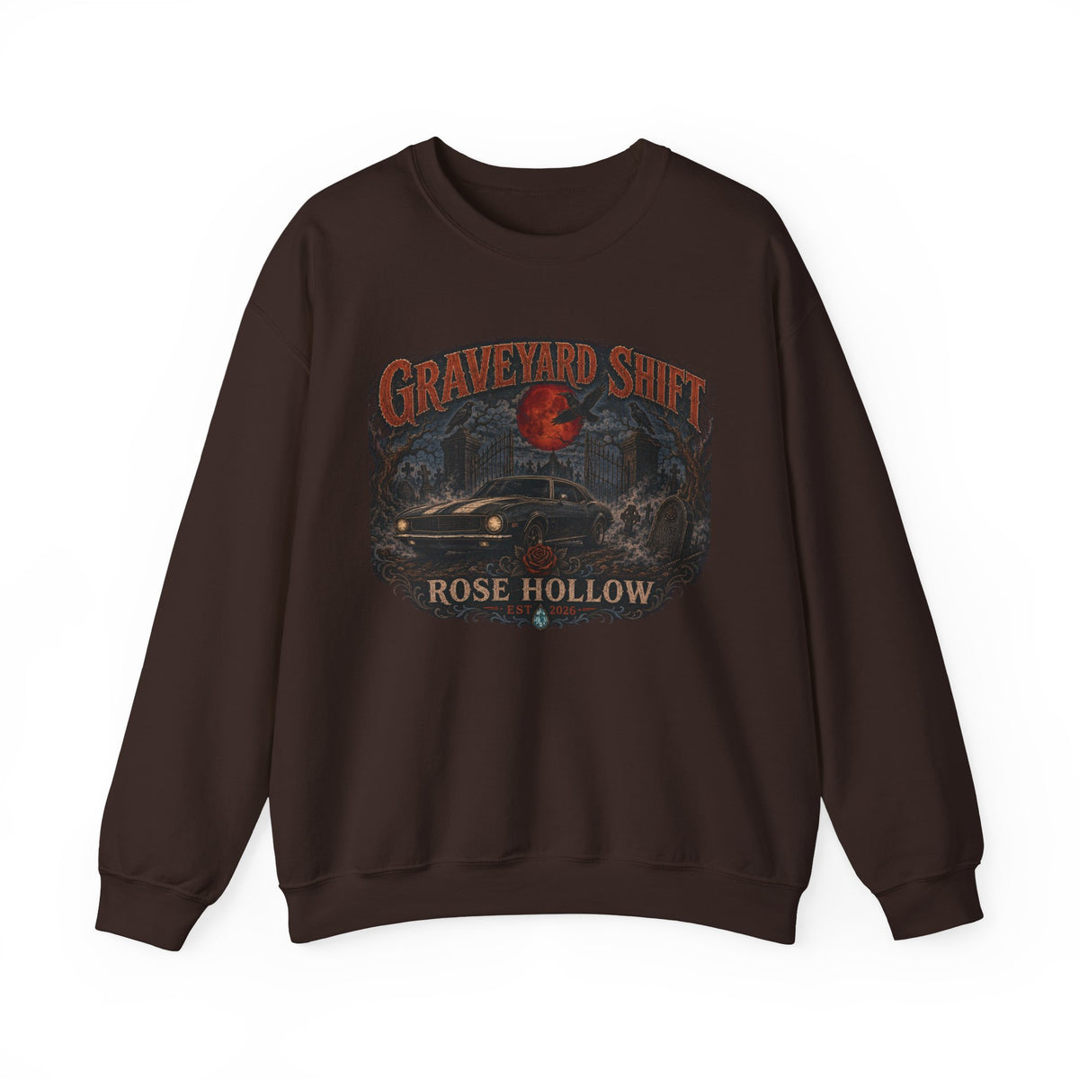 Graveyard Shift Rose Hollow Crewneck Sweatshirt | Haunted Night Graphic