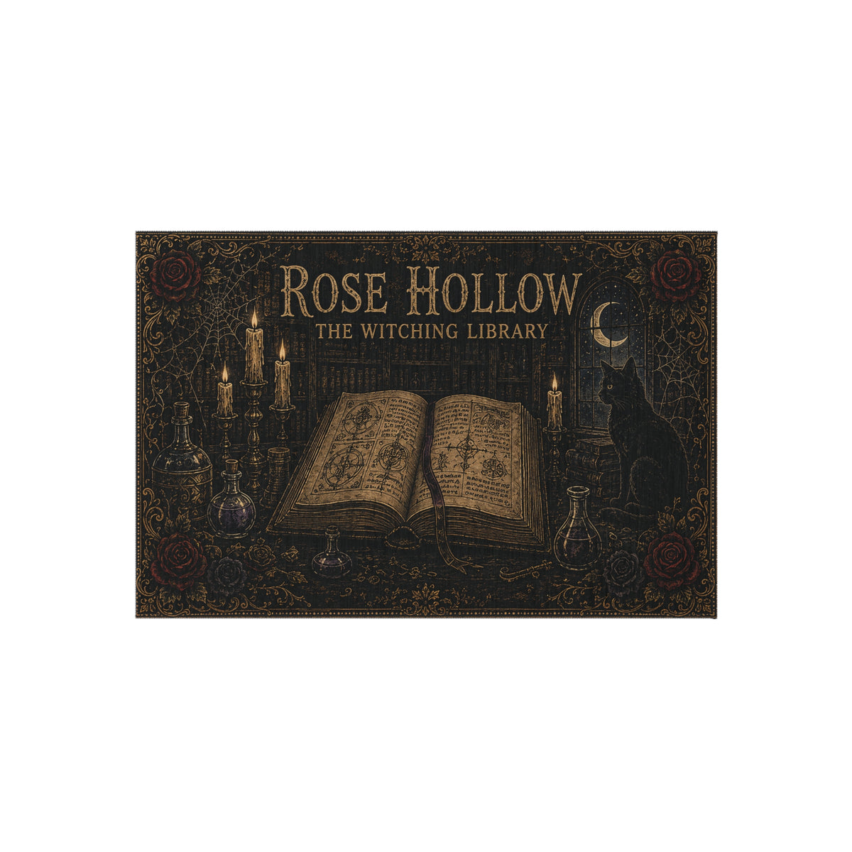 Rose Hollow Witching Library Outdoor Rug — Gothic Spellbook & Cat Doormat