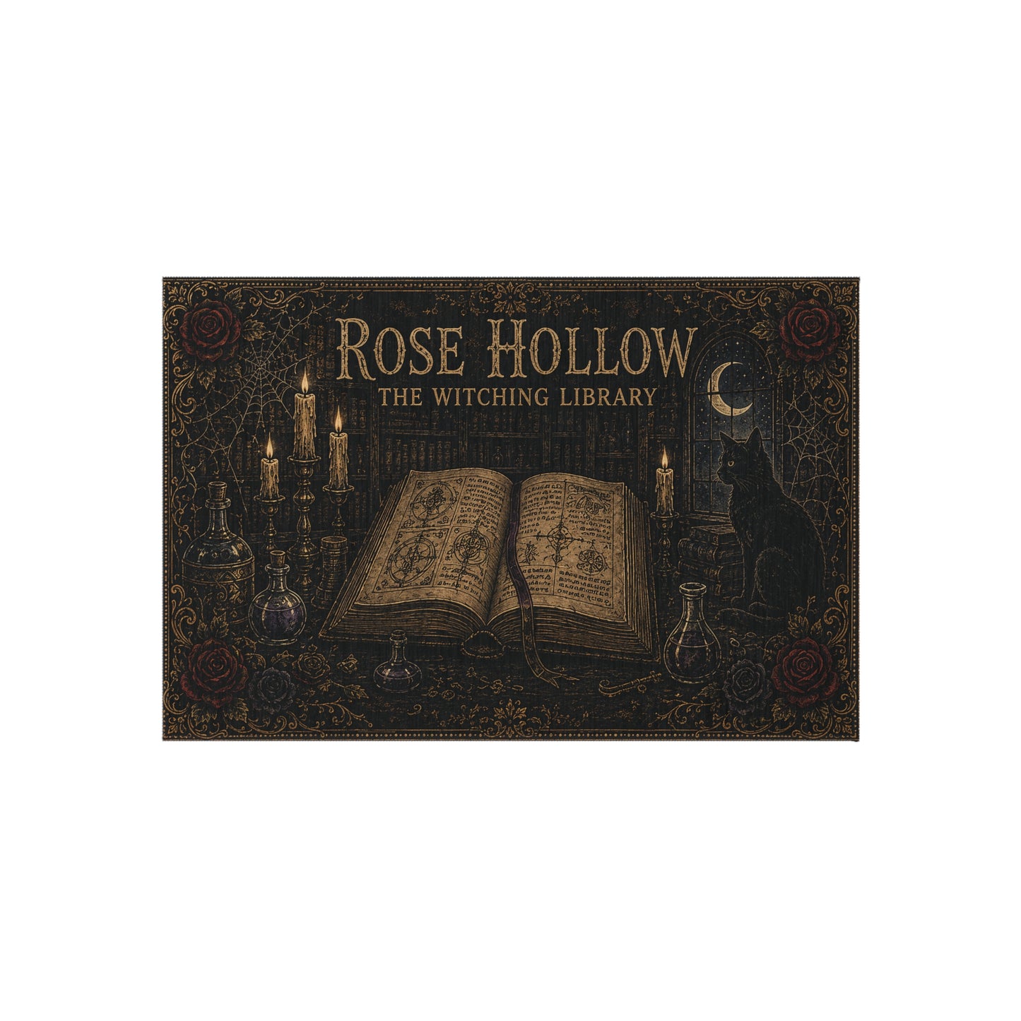 Rose Hollow Witching Library Outdoor Rug — Gothic Spellbook & Cat Doormat