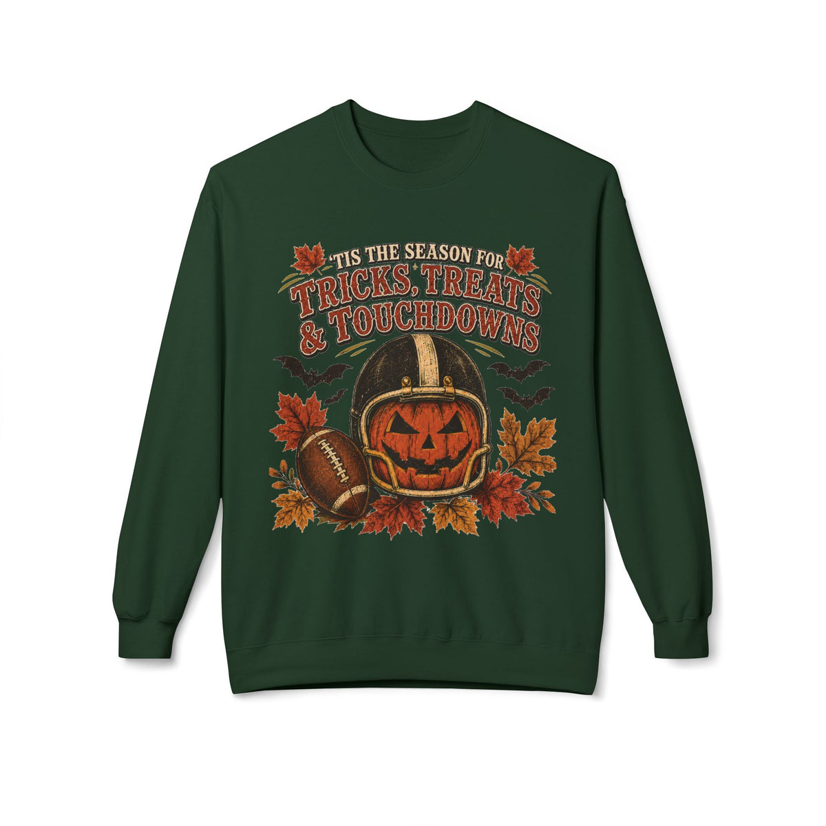 Halloween Football Sweatshirt - 'Tis the Season for Tricks, Treats & Touchdowns Crewneck
