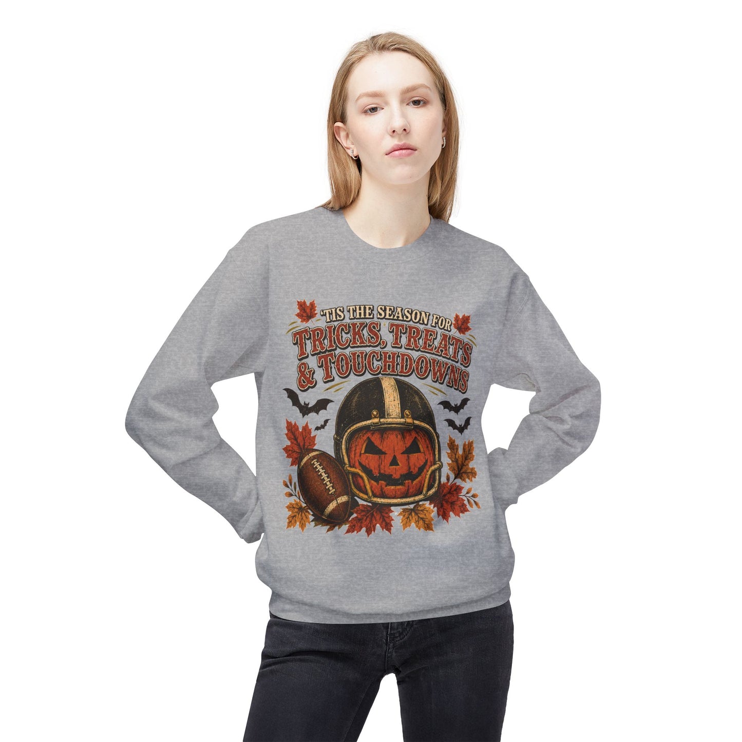 Halloween Football Sweatshirt - 'Tis the Season for Tricks, Treats & Touchdowns Crewneck