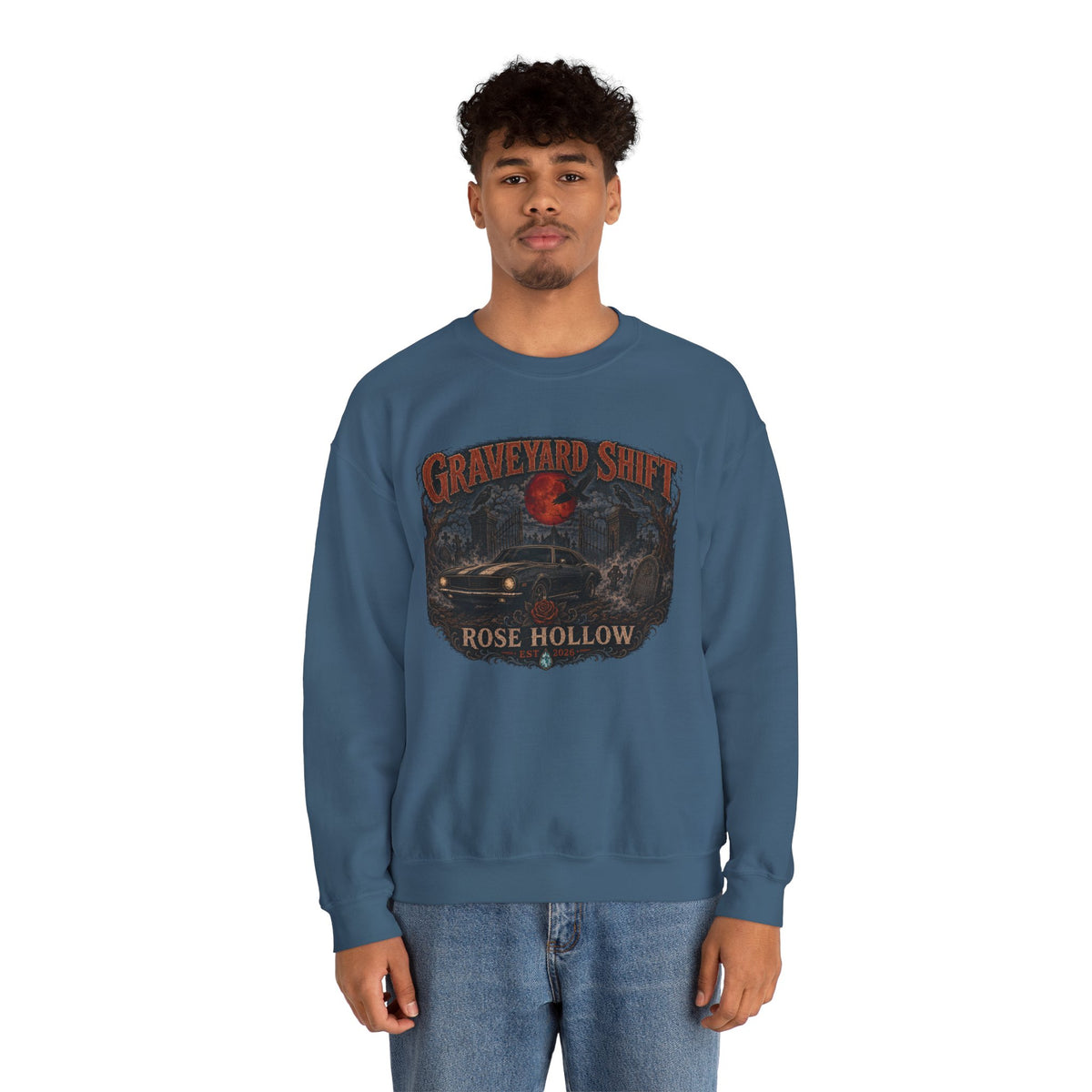 Graveyard Shift Rose Hollow Crewneck Sweatshirt | Haunted Night Graphic