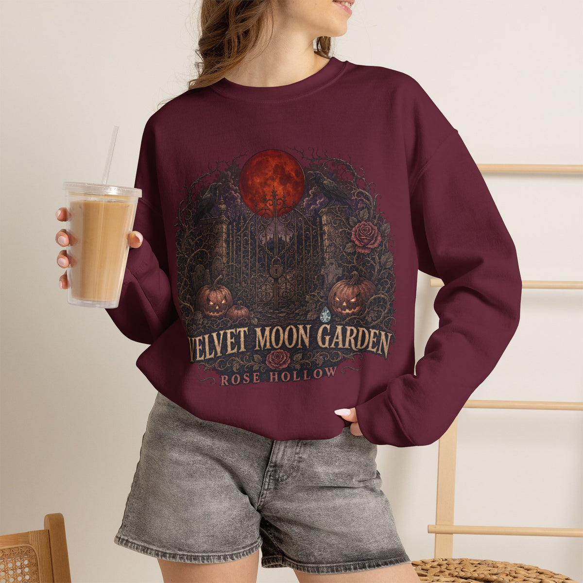 Velvet Moon Garden Crewneck Sweatshirt | Gothic Pumpkin Moon