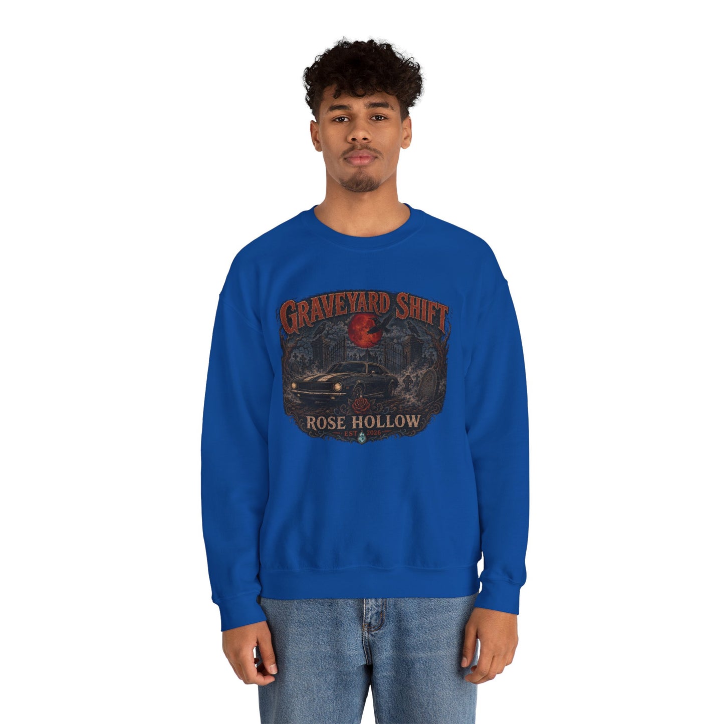 Graveyard Shift Rose Hollow Crewneck Sweatshirt | Haunted Night Graphic