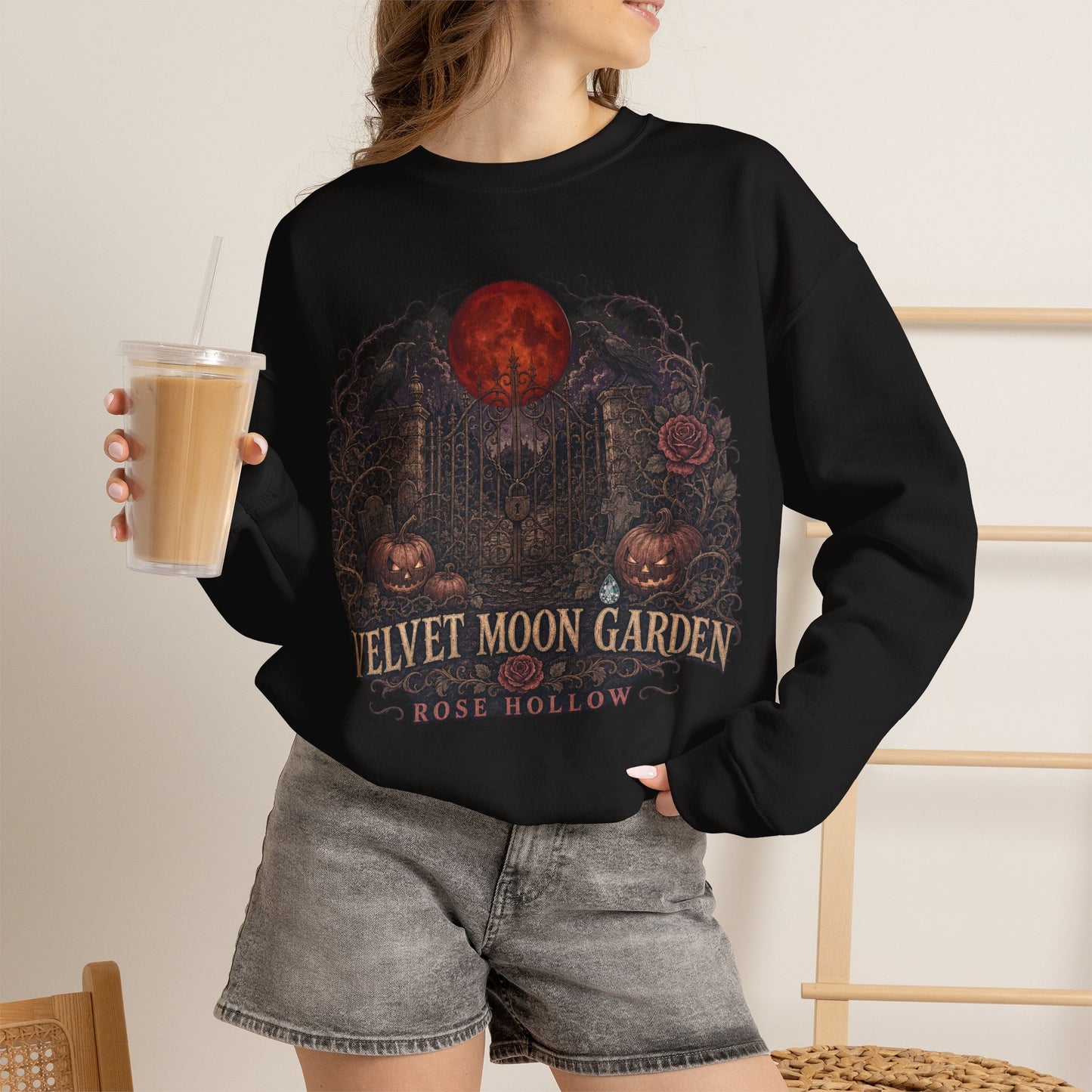 Velvet Moon Garden Crewneck Sweatshirt | Gothic Pumpkin Moon