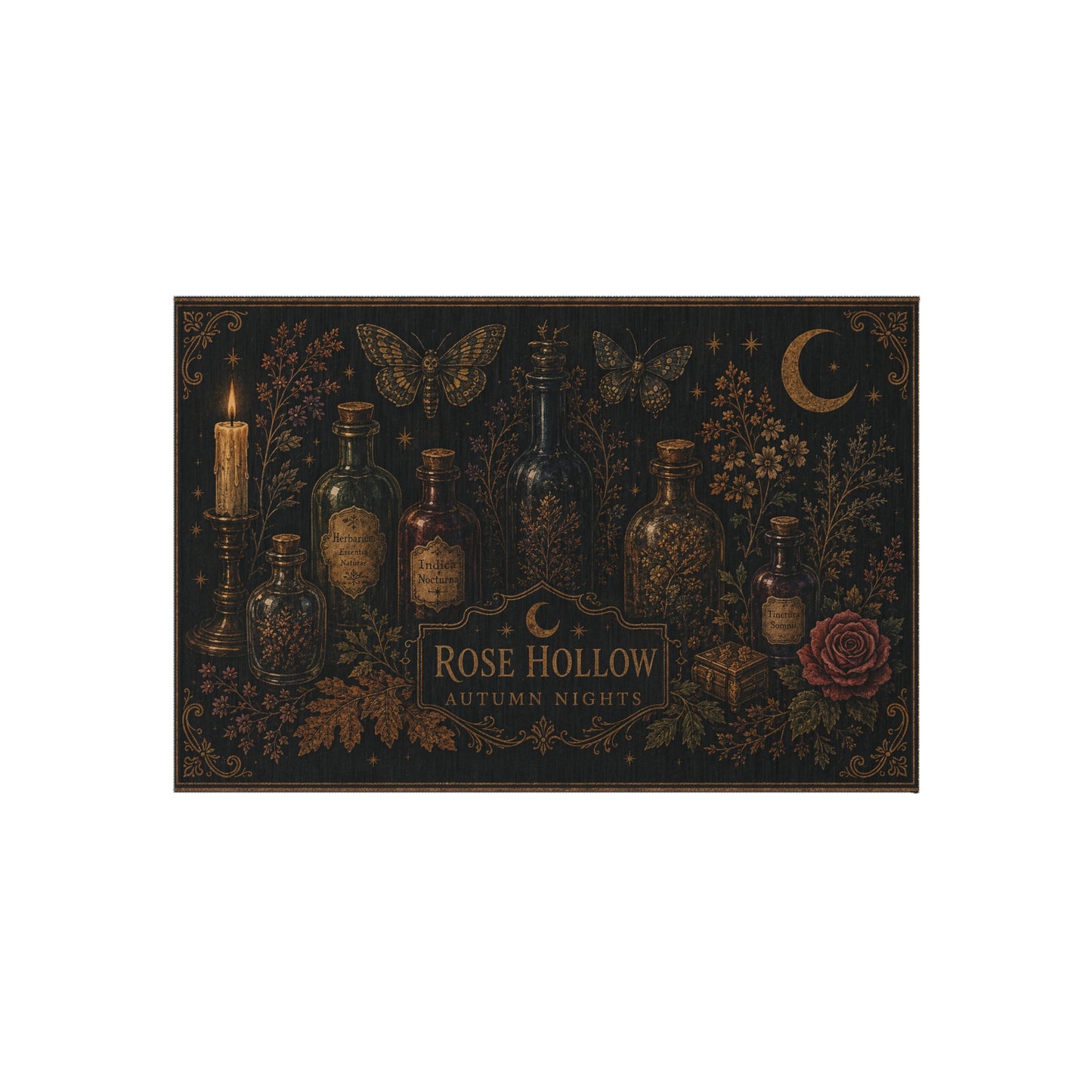 Rose Hollow Autumn Night Outdoor Rug — Vintage Apothecary Bottle & Moon Welcome Mat