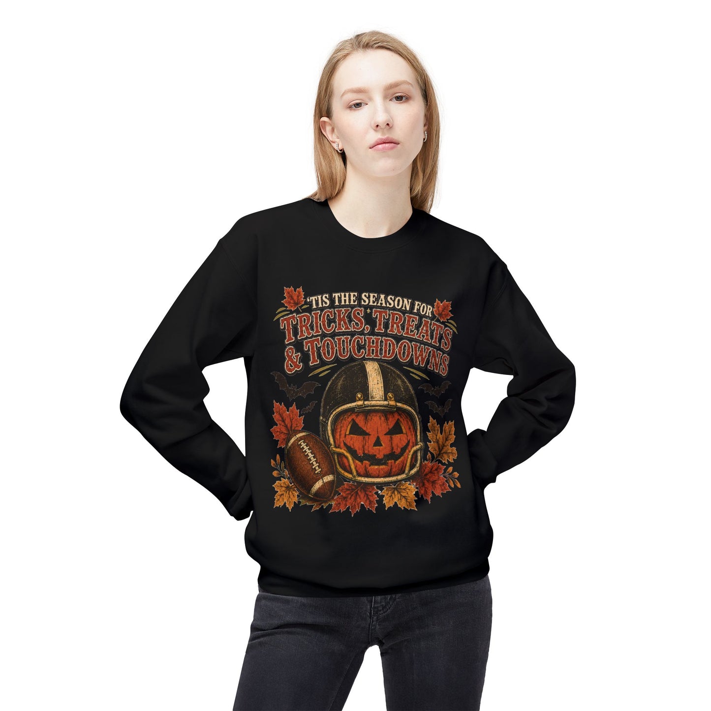 Halloween Football Sweatshirt - 'Tis the Season for Tricks, Treats & Touchdowns Crewneck