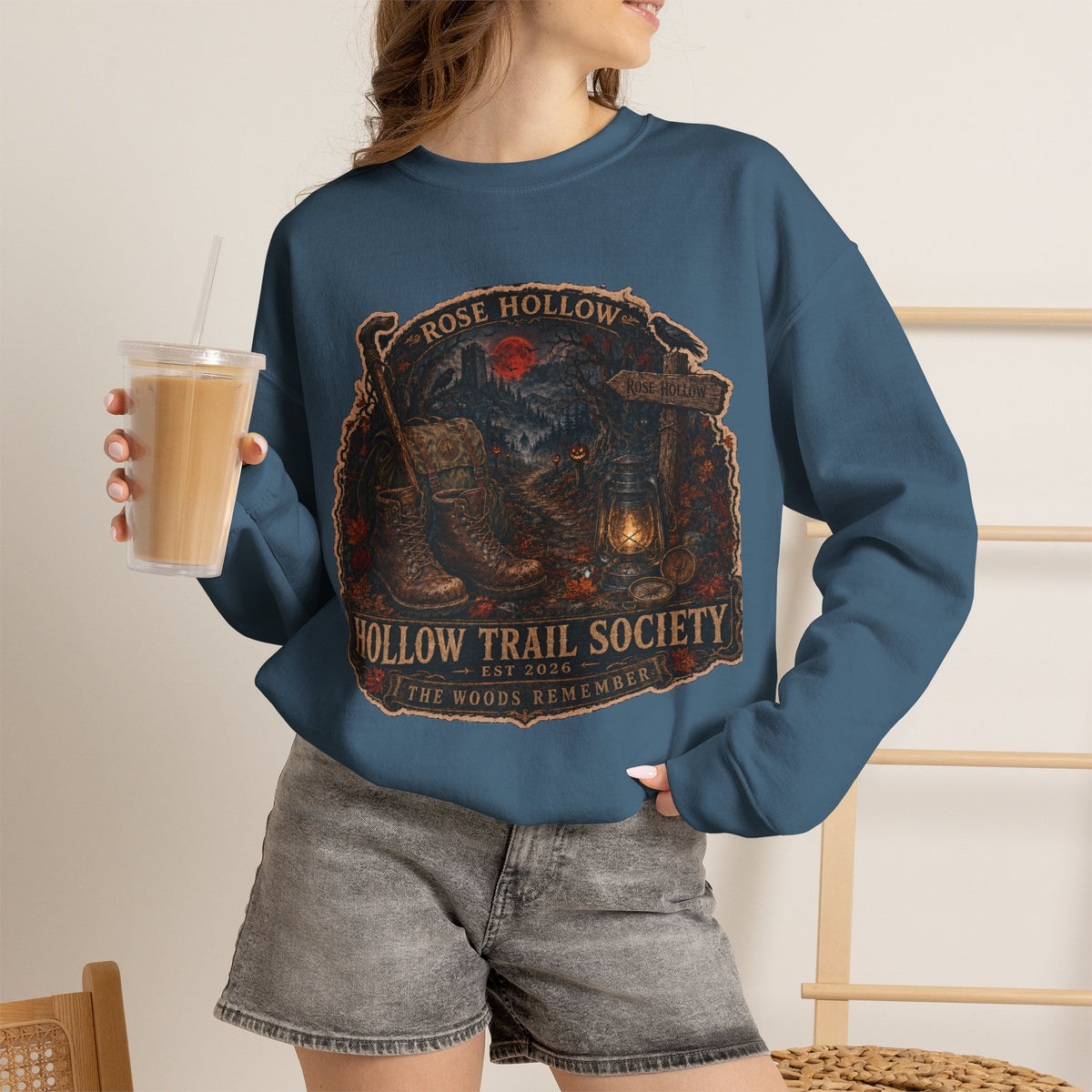 Hollow Trail Society crewneck sweatshirt | Rose Hollow lantern, wolf, moon
