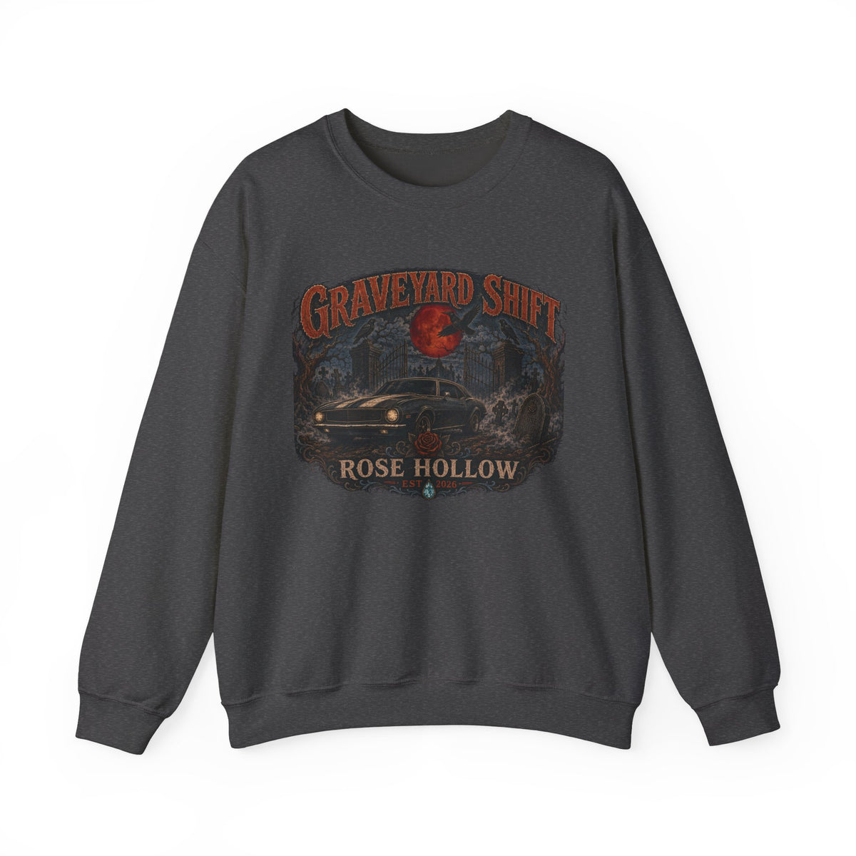 Graveyard Shift Rose Hollow Crewneck Sweatshirt | Haunted Night Graphic