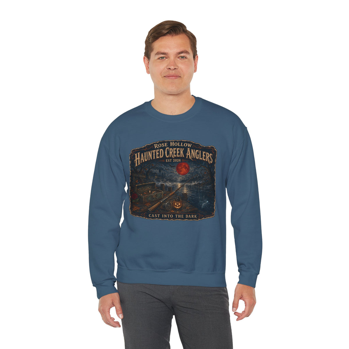 Haunted Creek Anglers cast into the dark Crewneck | Fishing Moonlit Lake Sweatshirt