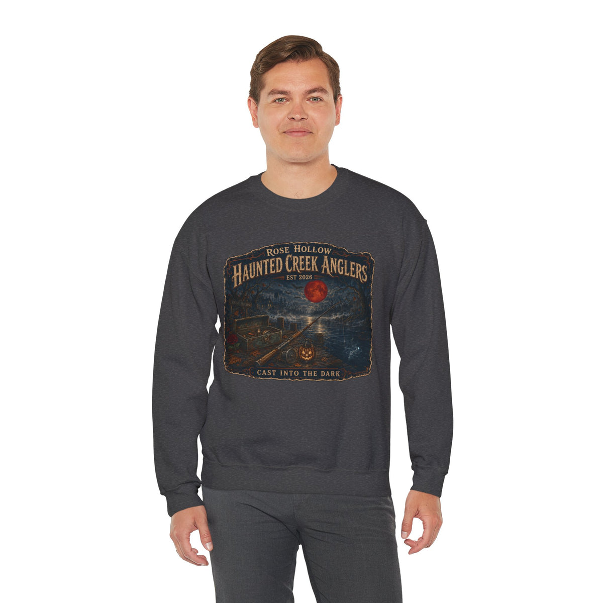 Haunted Creek Anglers cast into the dark Crewneck | Fishing Moonlit Lake Sweatshirt