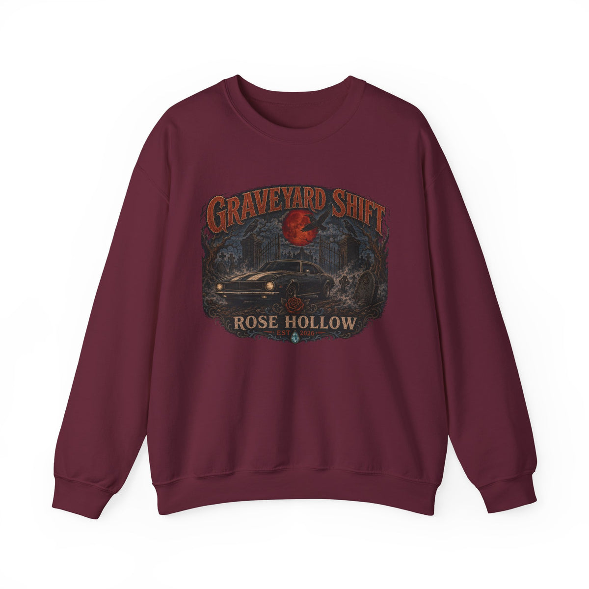 Graveyard Shift Rose Hollow Crewneck Sweatshirt | Haunted Night Graphic