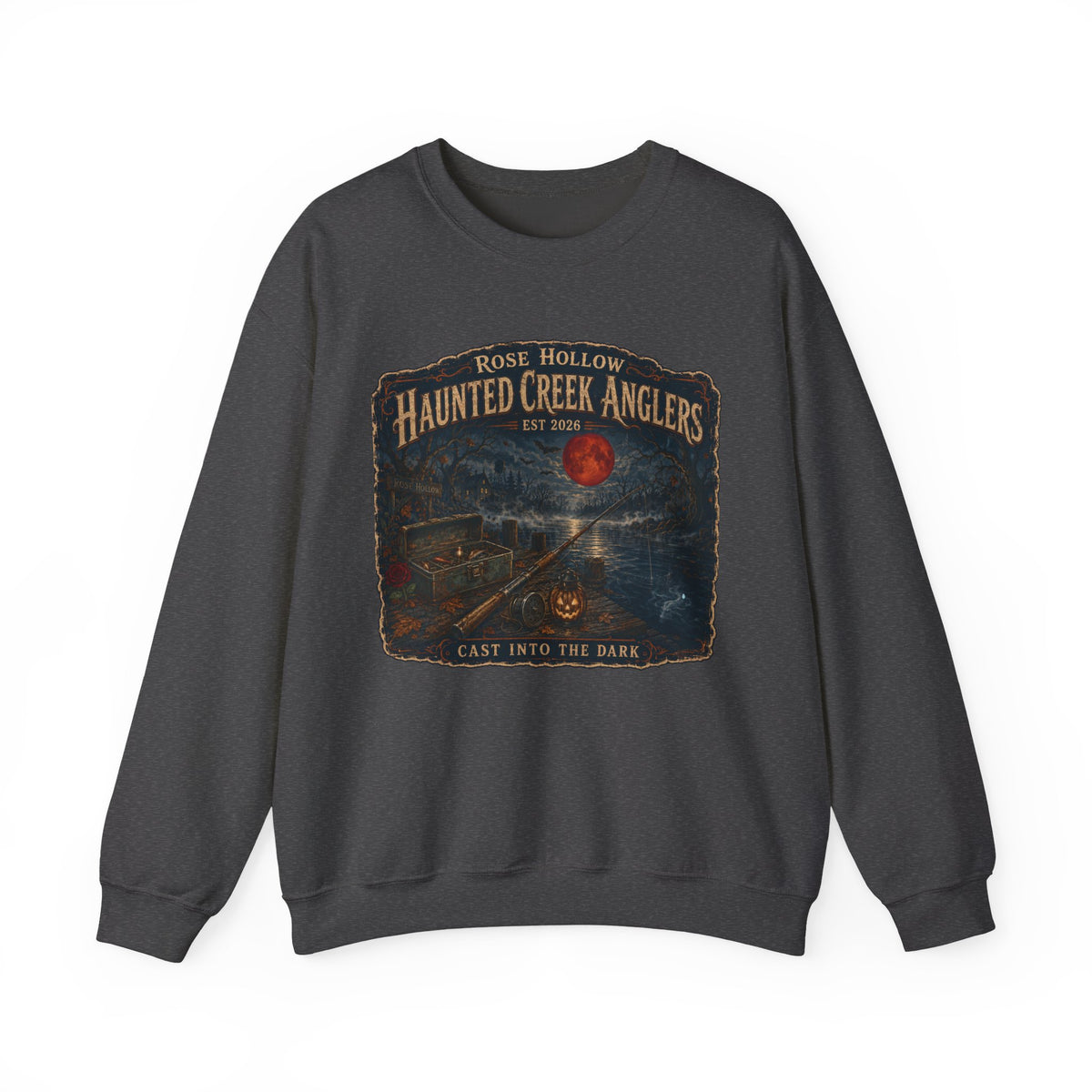 Haunted Creek Anglers cast into the dark Crewneck | Fishing Moonlit Lake Sweatshirt
