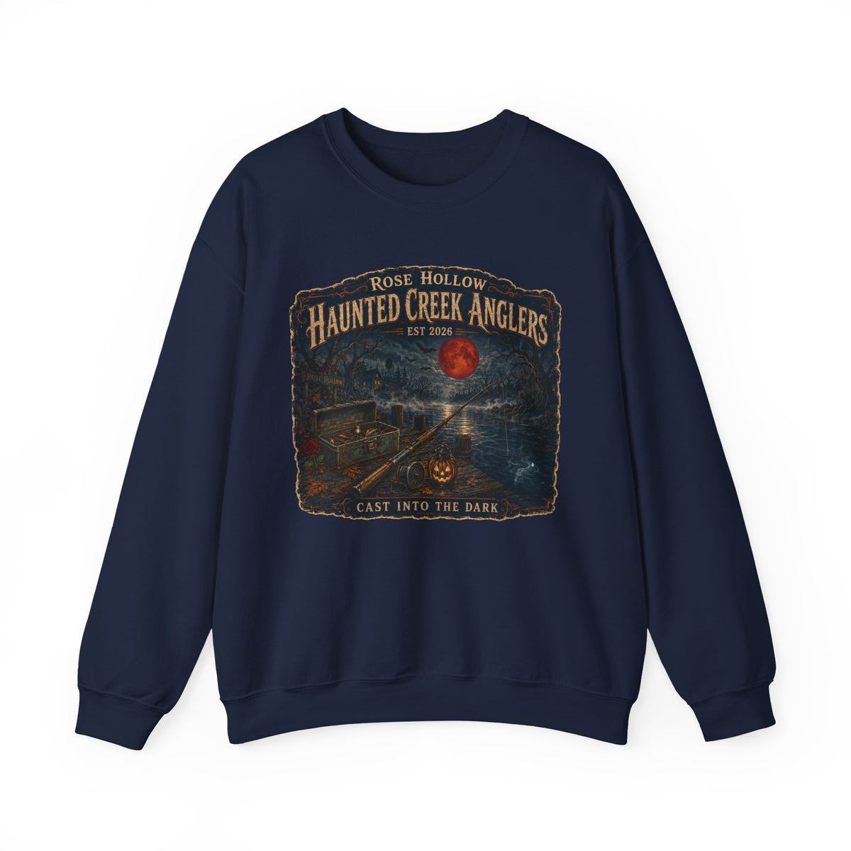 Haunted Creek Anglers cast into the dark Crewneck | Fishing Moonlit Lake Sweatshirt