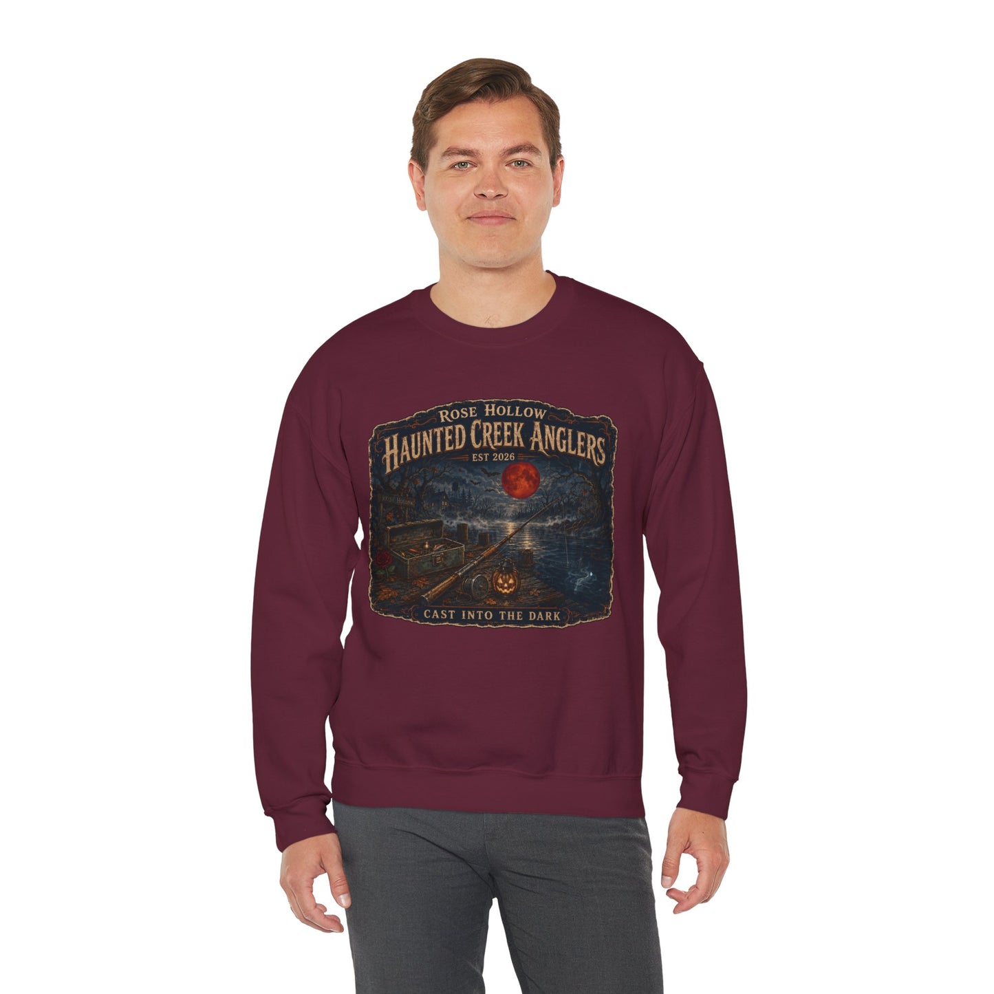 Haunted Creek Anglers cast into the dark Crewneck | Fishing Moonlit Lake Sweatshirt