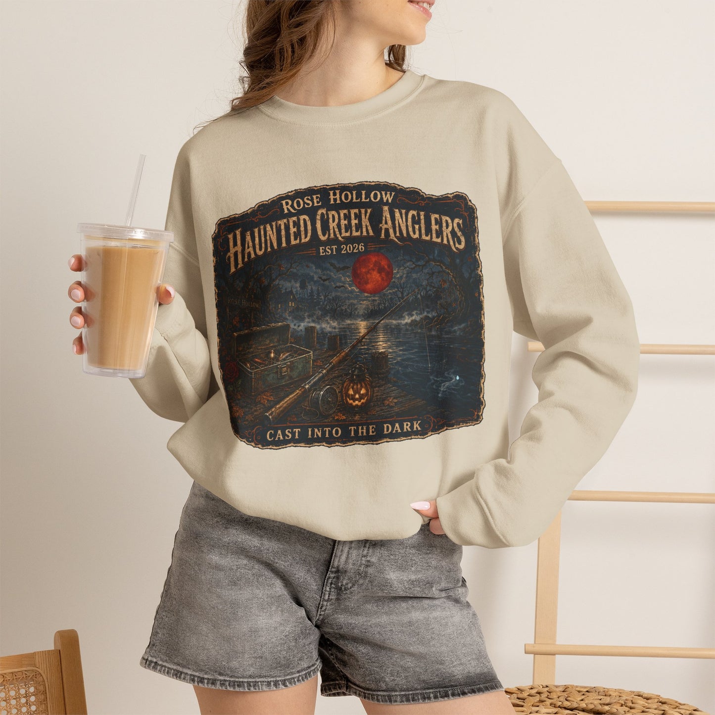 Haunted Creek Anglers cast into the dark Crewneck | Fishing Moonlit Lake Sweatshirt