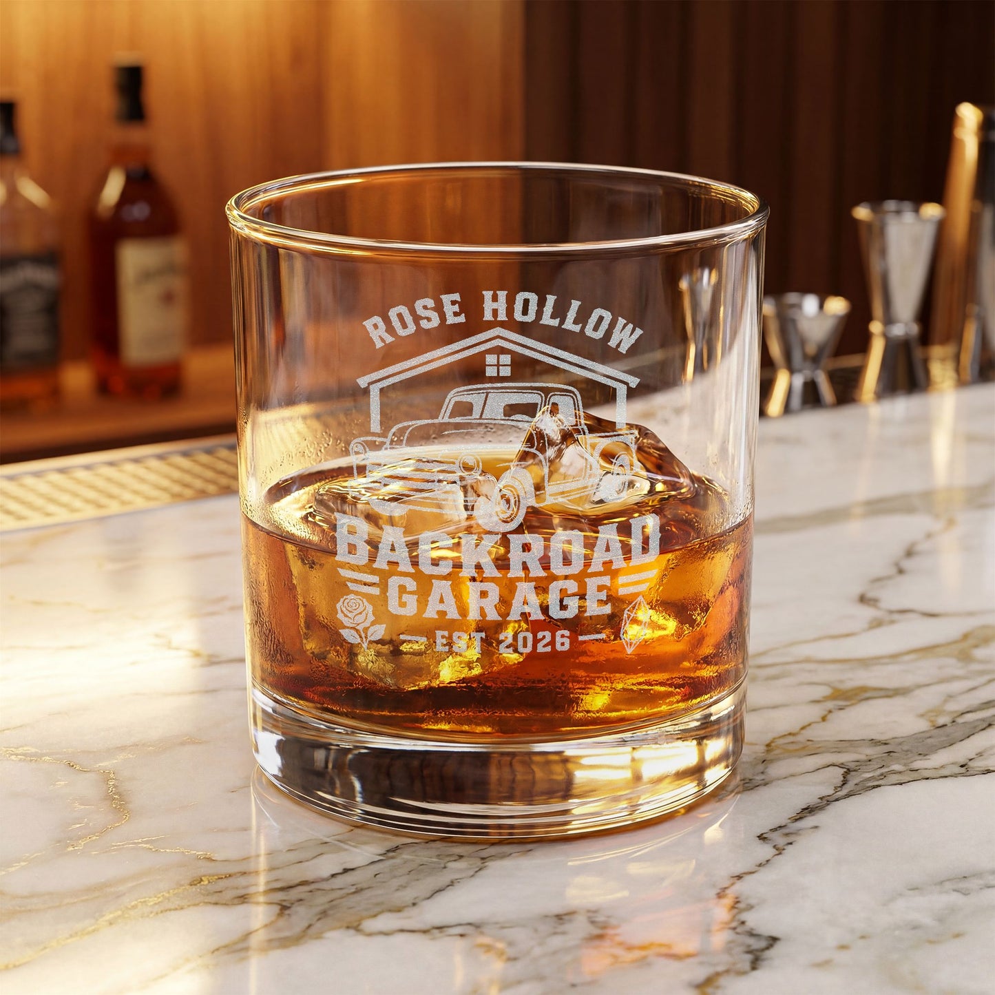 Engraved Whiskey Glass 10.5oz — Backroad Garage Vintage Truck Design