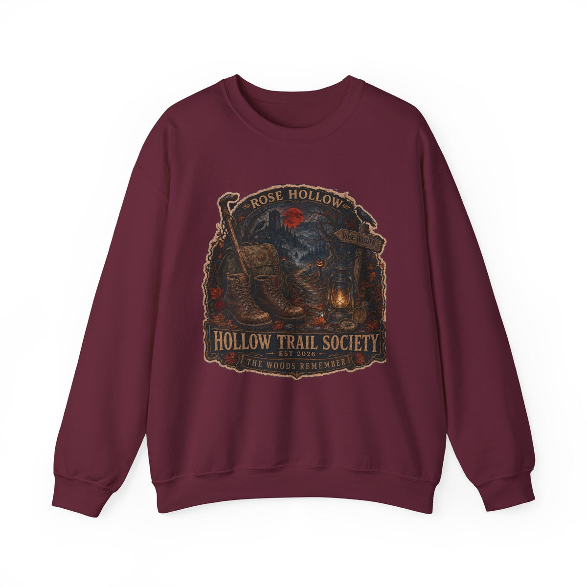 Hollow Trail Society crewneck sweatshirt | Rose Hollow lantern, wolf, moon