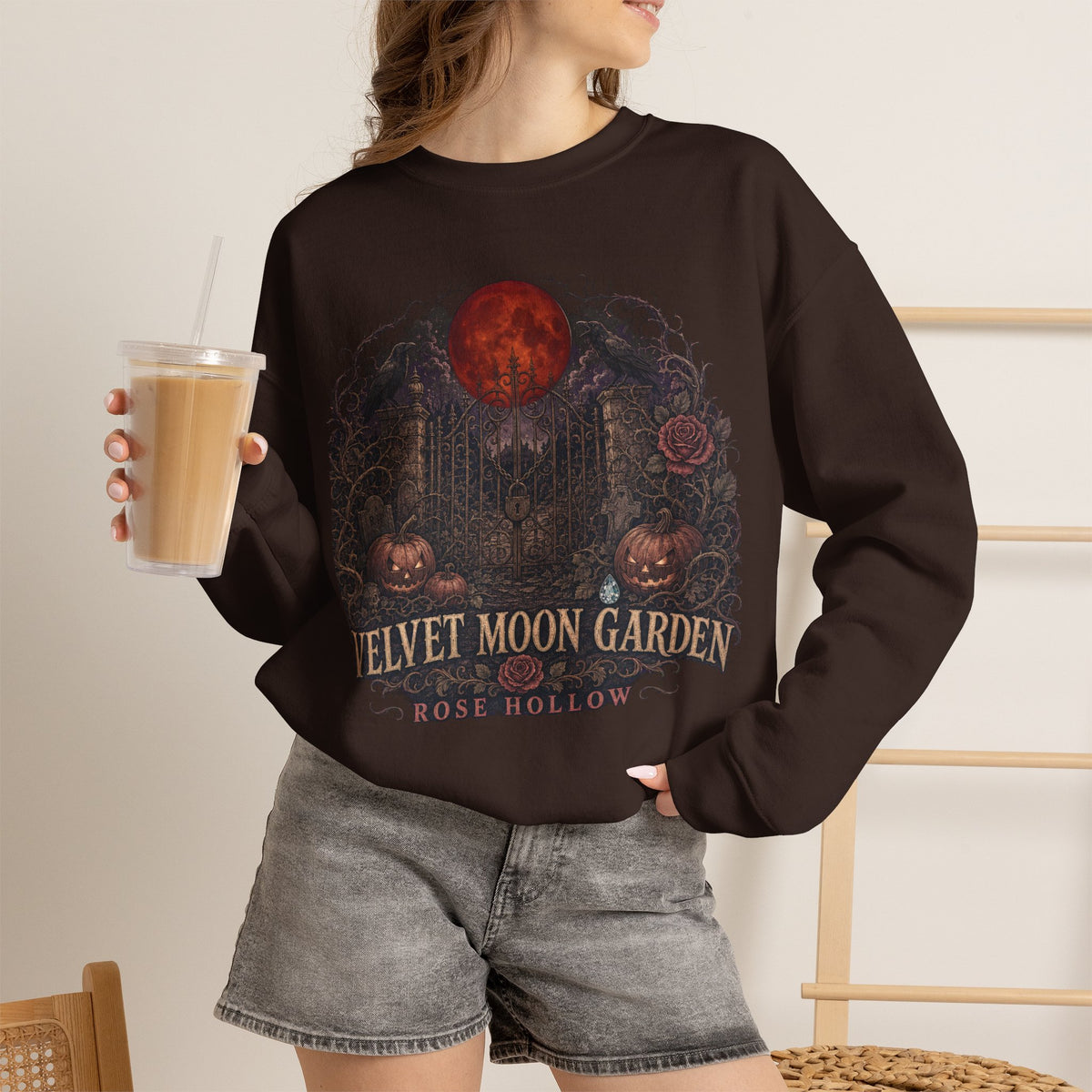 Velvet Moon Garden Crewneck Sweatshirt | Gothic Pumpkin Moon